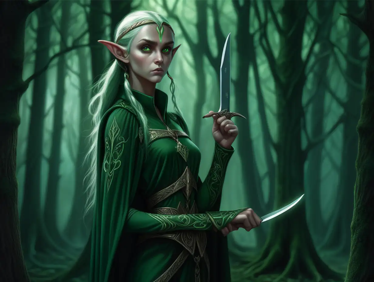 Elf, serious and dark, with a deep gaze, gives the impression of being dangerous/harboring secrets/With bright green eyes/A knife in her hand/Set against a dark forest/Full-body view