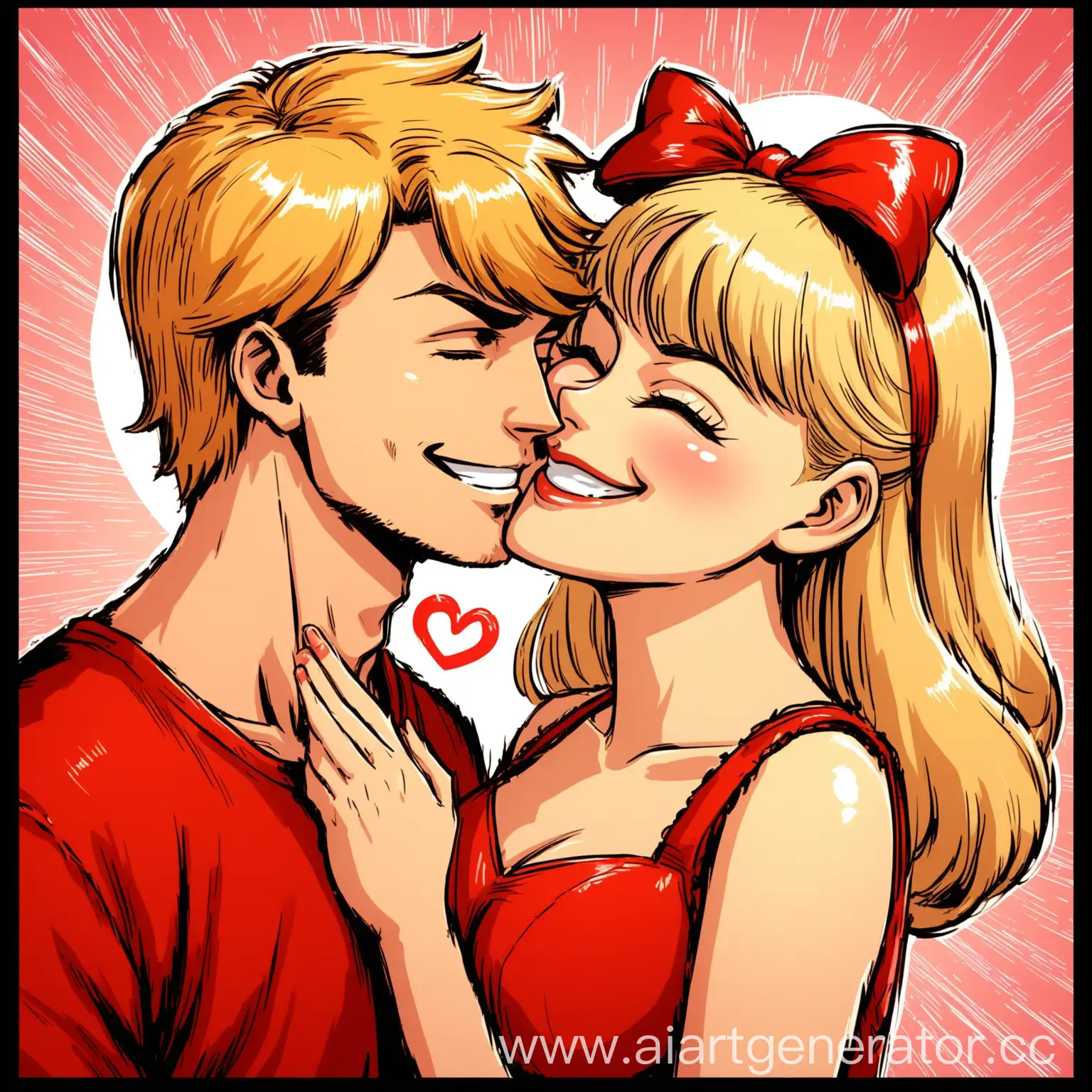 девочка в красном сарафане, в красном банте на голове посылает красными губами поцелуй в виде сердца парню, главный герой молодой парень блондин в стиле комикса, с широкой улыбкой и надменной ухмылкой и прищуренным взглядом