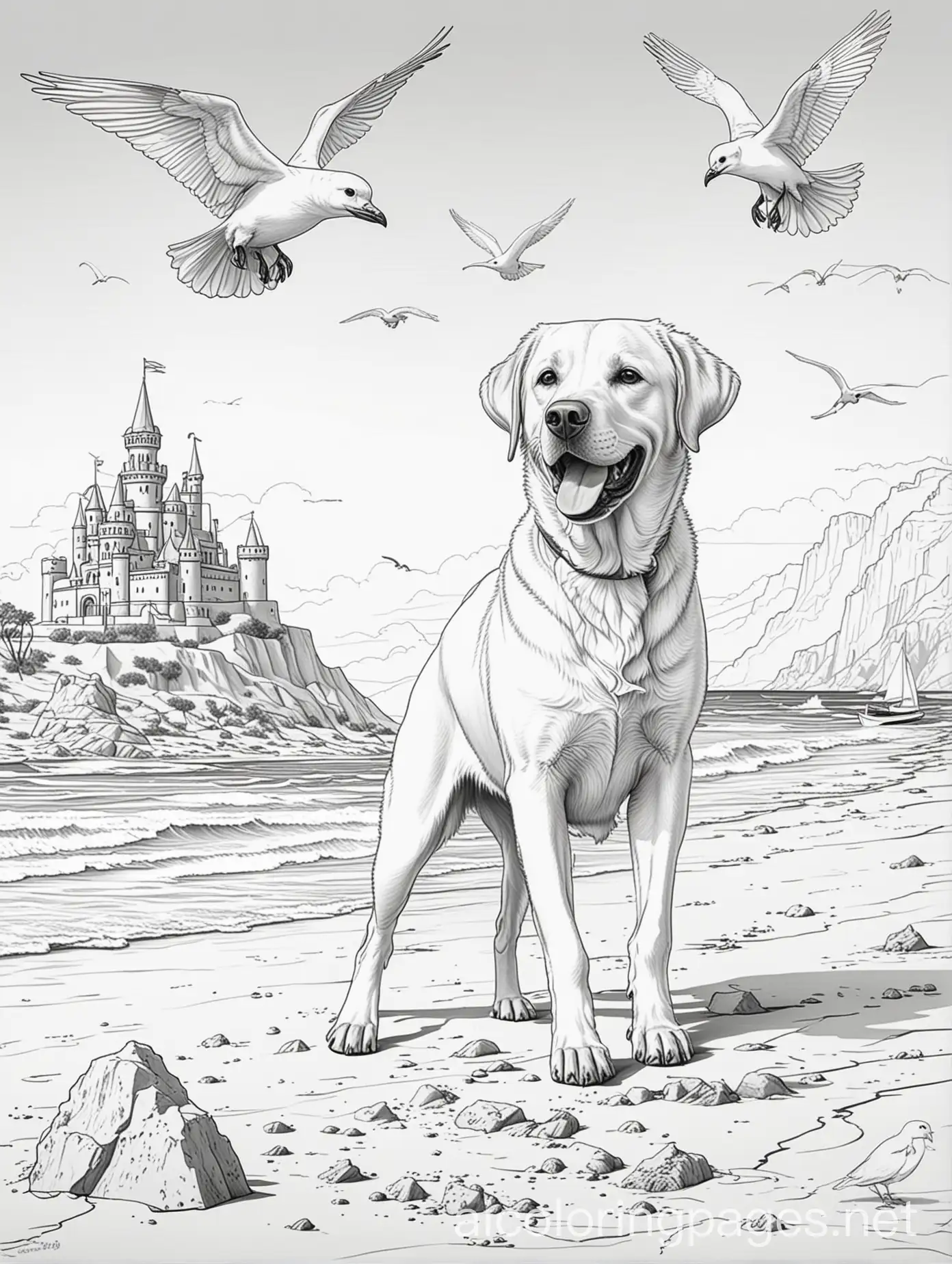 coloring book for kids on white backgroundn: Labrador Retriever    - Scene: A Labrador playing fetch at the beach, with seagulls flying overhead and a sandcastle in the background., Coloring Page, black and white, line art, white background, Simplicity, Ample White Space. The background of the coloring page is plain white to make it easy for young children to color within the lines. The outlines of all the subjects are easy to distinguish, making it simple for kids to color without too much difficulty