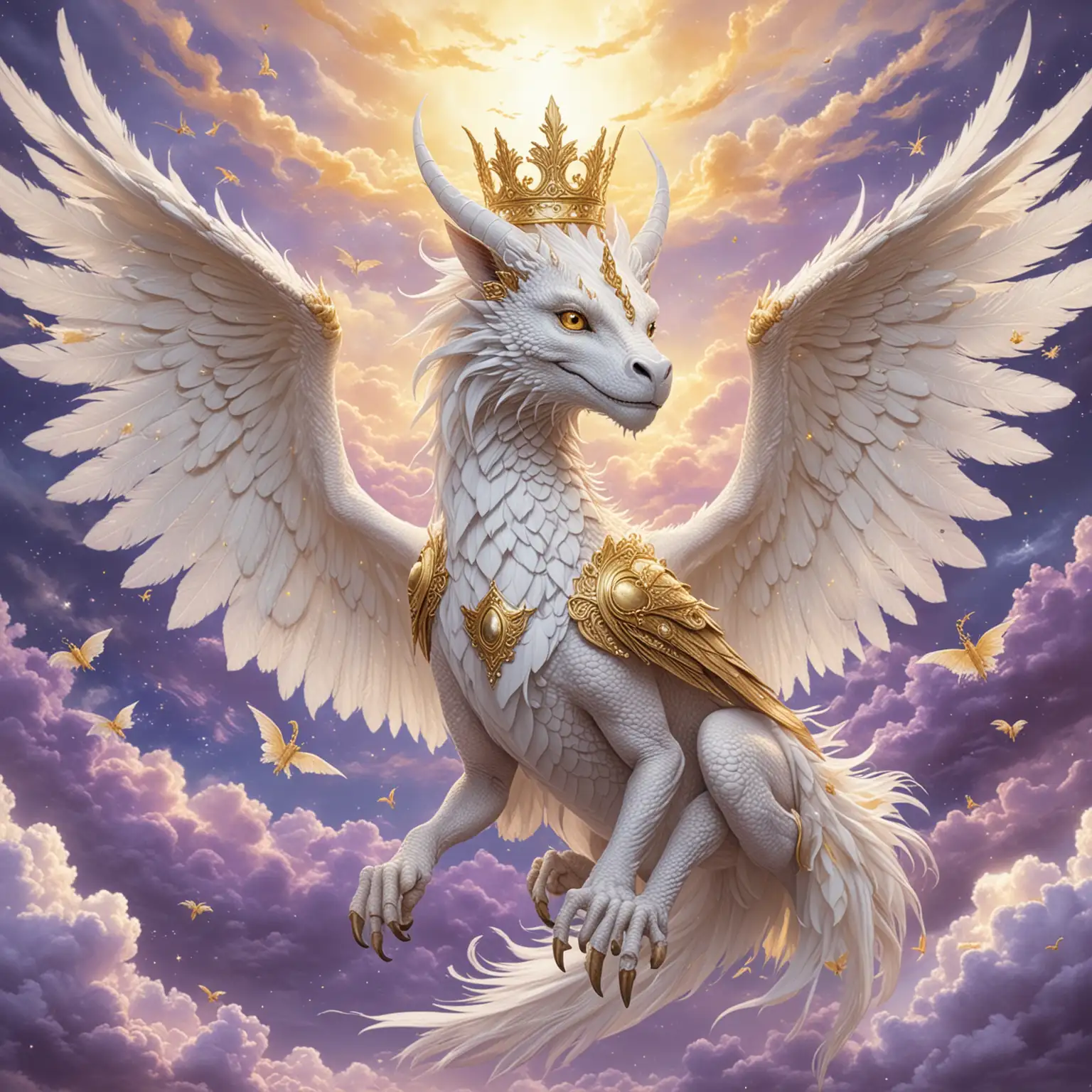 white seraphim female dragon, gold crown on head, feather like wings, flying in a celestial sky of white, yellow, lavendar