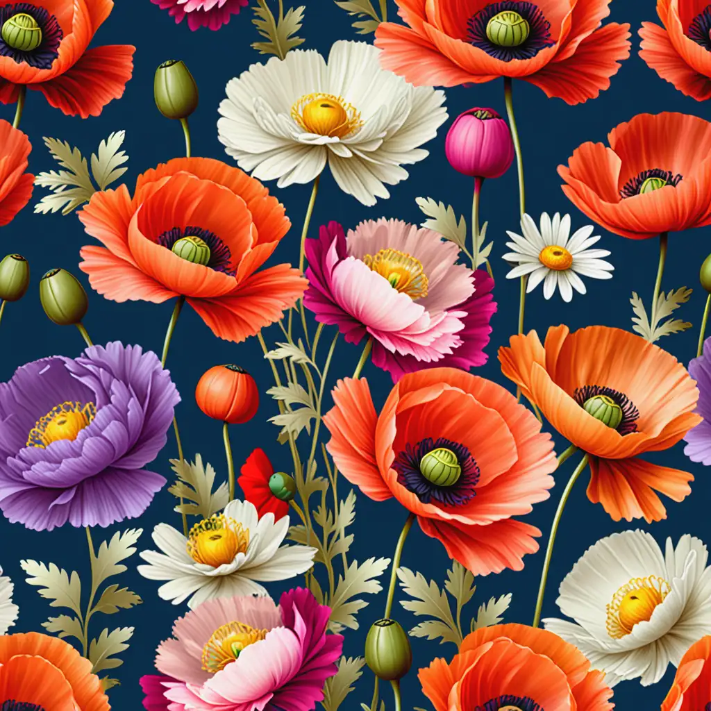Vibrant Poppy Flowers Daisy and Peonies Pattern with Seamless MultiColor Design