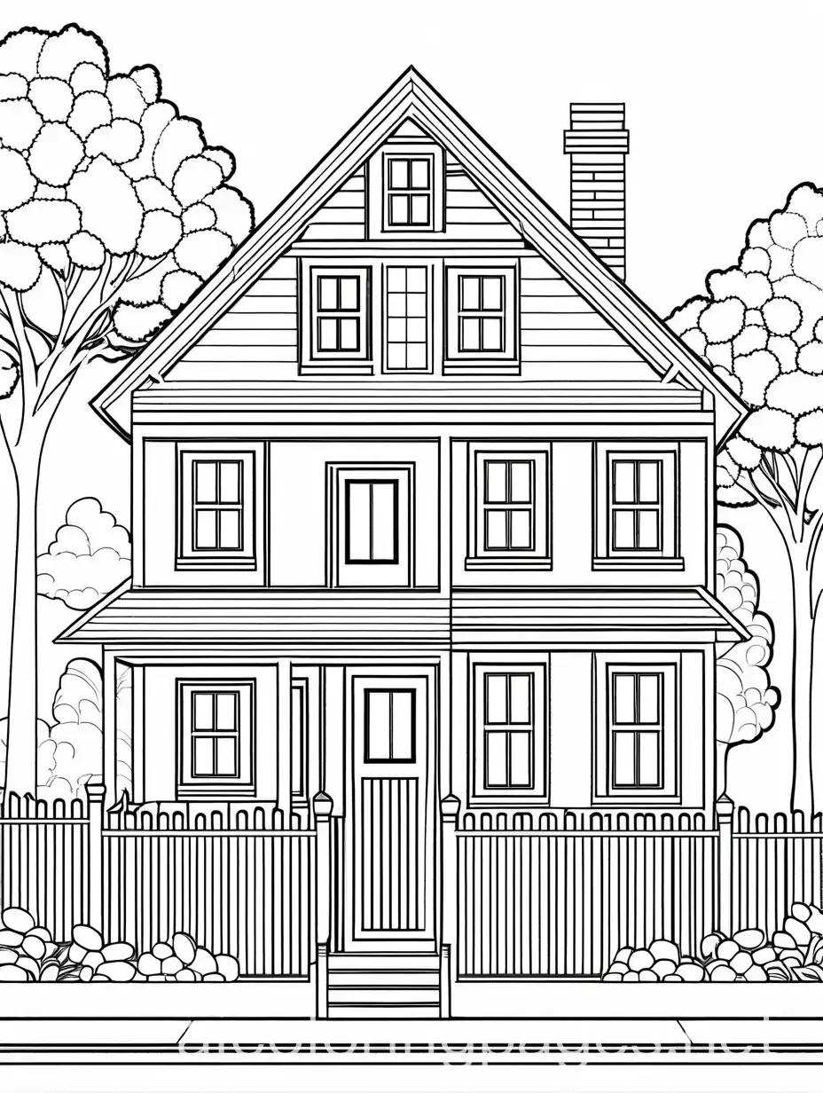 Create an image of the house on the Village for the kid's coloring book age 3+. , Coloring Page, black and white, line art, white background, Simplicity, Ample White Space. The background of the coloring page is plain white to make it easy for young children to color within the lines. The outlines of all the subjects are easy to distinguish, making it simple for kids to color without too much difficulty