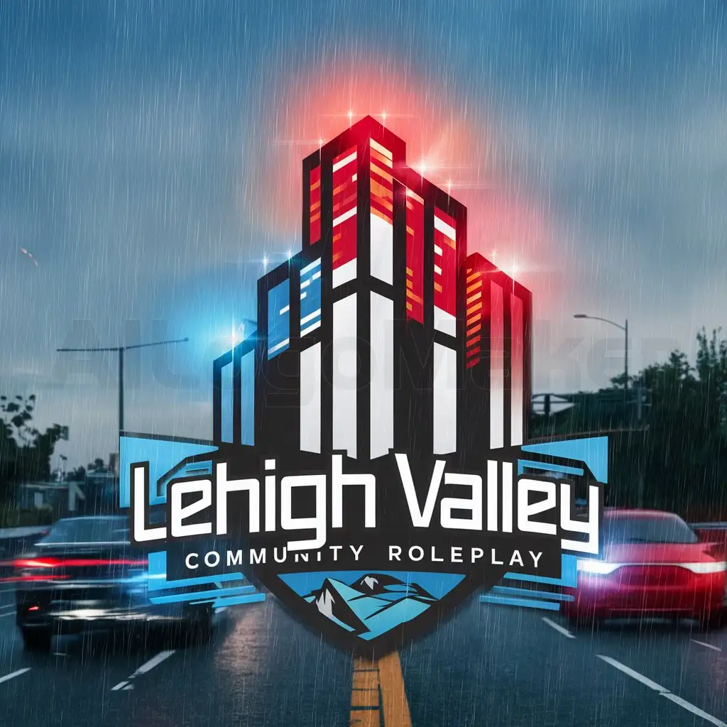 a logo design,with the text "Lehigh Valley Community RolePlay", main symbol:Skycrapers flashing red and blue lights with cars on a road with rain pouring down from the sky,Moderate,clear background