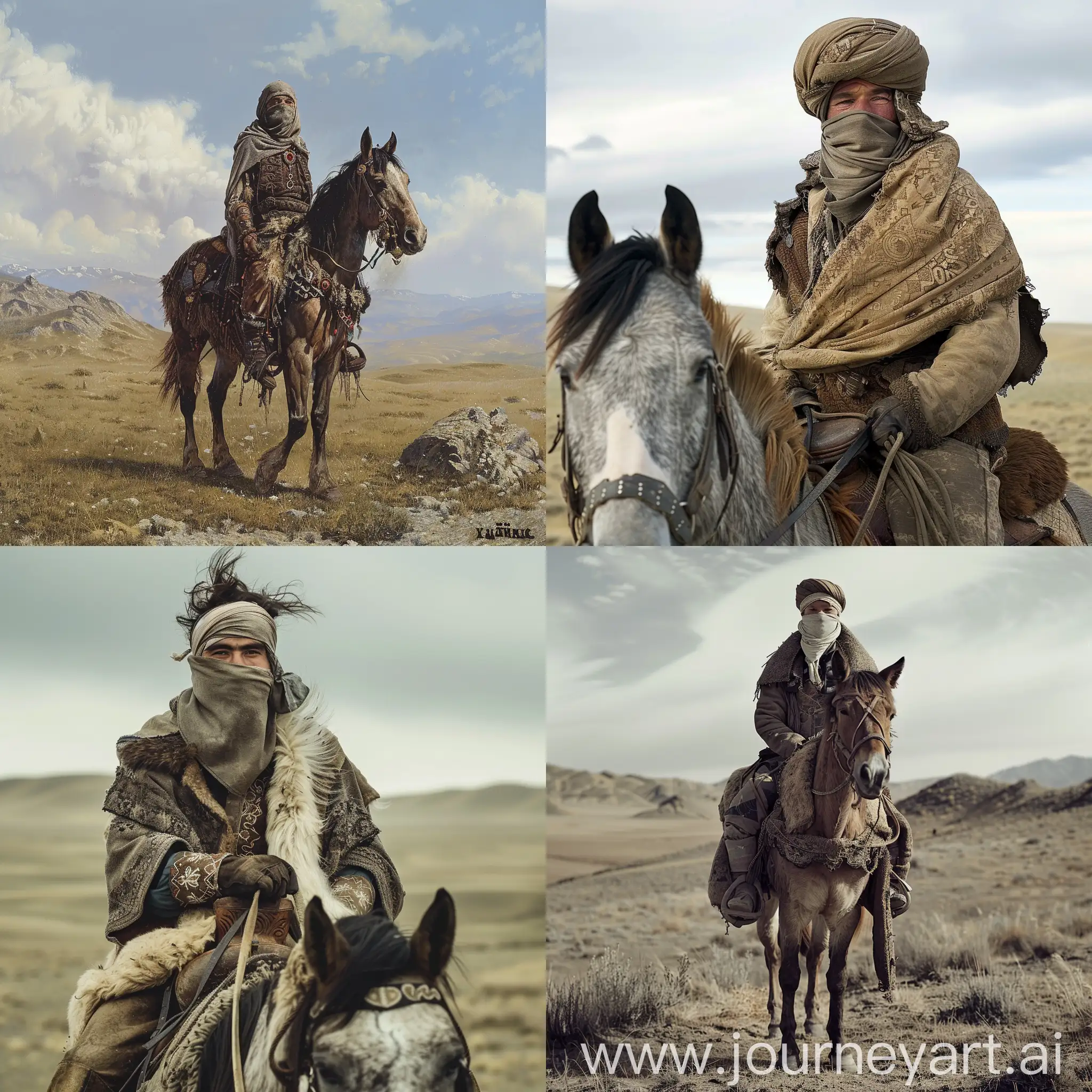 Молодой тюркский кочевник на лошади в  степи с закрытым лицом