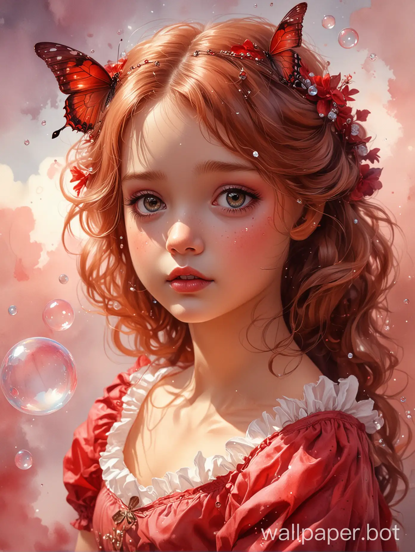 Soap bubbles, cotton clouds, on watercolor shades of crimson, burgundy and other reds| half body|lovely young butterfly princess looking at me with big (light brown highly detailed eyes), shadow play| dynamic pose| fairy tale, a beautiful fantasy loved by children and adults, ultra-high detail, high quality, Artstation, perfect centered composition, watercolor ink.