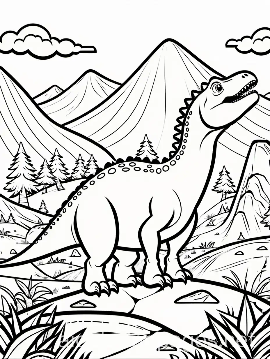 i want to create color page without shadding of A dinosaur hiding behind a large rock, without any colors., Coloring Page, black and white, line art, white background, Simplicity, Ample White Space. The background of the coloring page is plain white to make it easy for young children to color within the lines. The outlines of all the subjects are easy to distinguish, making it simple for kids to color without too much difficulty