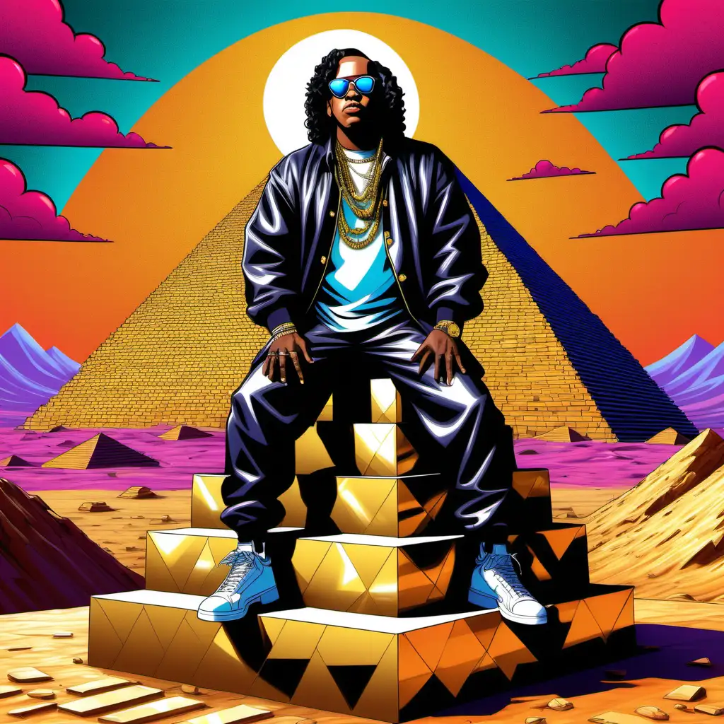 Create a vibrant Pop art style image featuring a black rapper with Jerry curls and sunglasses standing confidently on top of a shimmering golden pyramid in the middle of a desert. Money is cascading down the sides of the pyramid, adding a dynamic element to the scene. The overall style should be bold and colorful, reminiscent of classic Pop art aesthetics. At the bottom of the image, incorporate the words 'Benjamin Franklin' in graffiti-style text to enhance the urban and edgy vibe of the artwork! Ensure that the exact text to image reference is followed exactly!