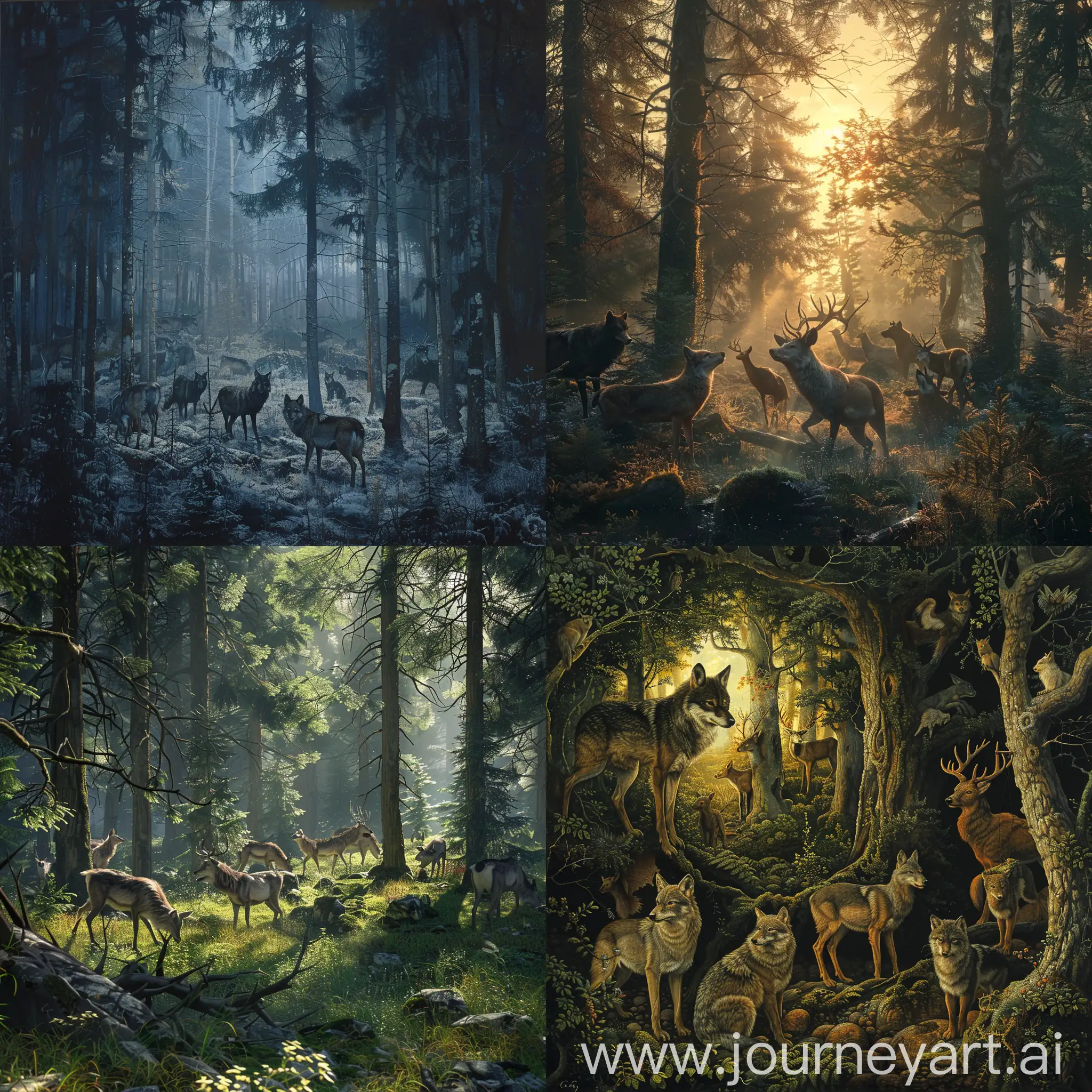 Wild-Wolves-and-Tranquil-Deer-in-Lush-Forest-Habitat