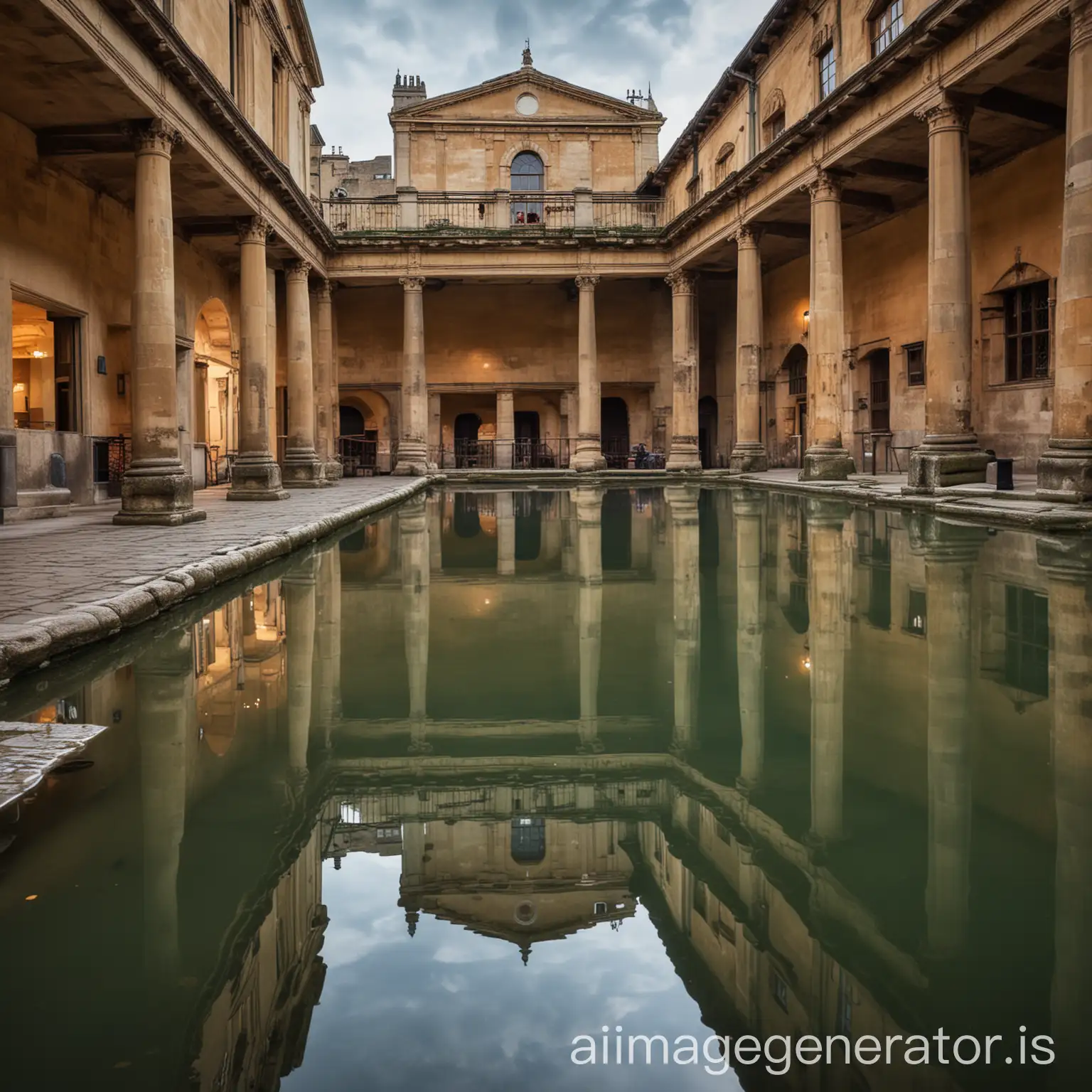 A serene image of the Roman Baths with the iconic Georgian architecture reflected in the water, showcasing the city's ancient Roman heritage and elegant architectural style.

