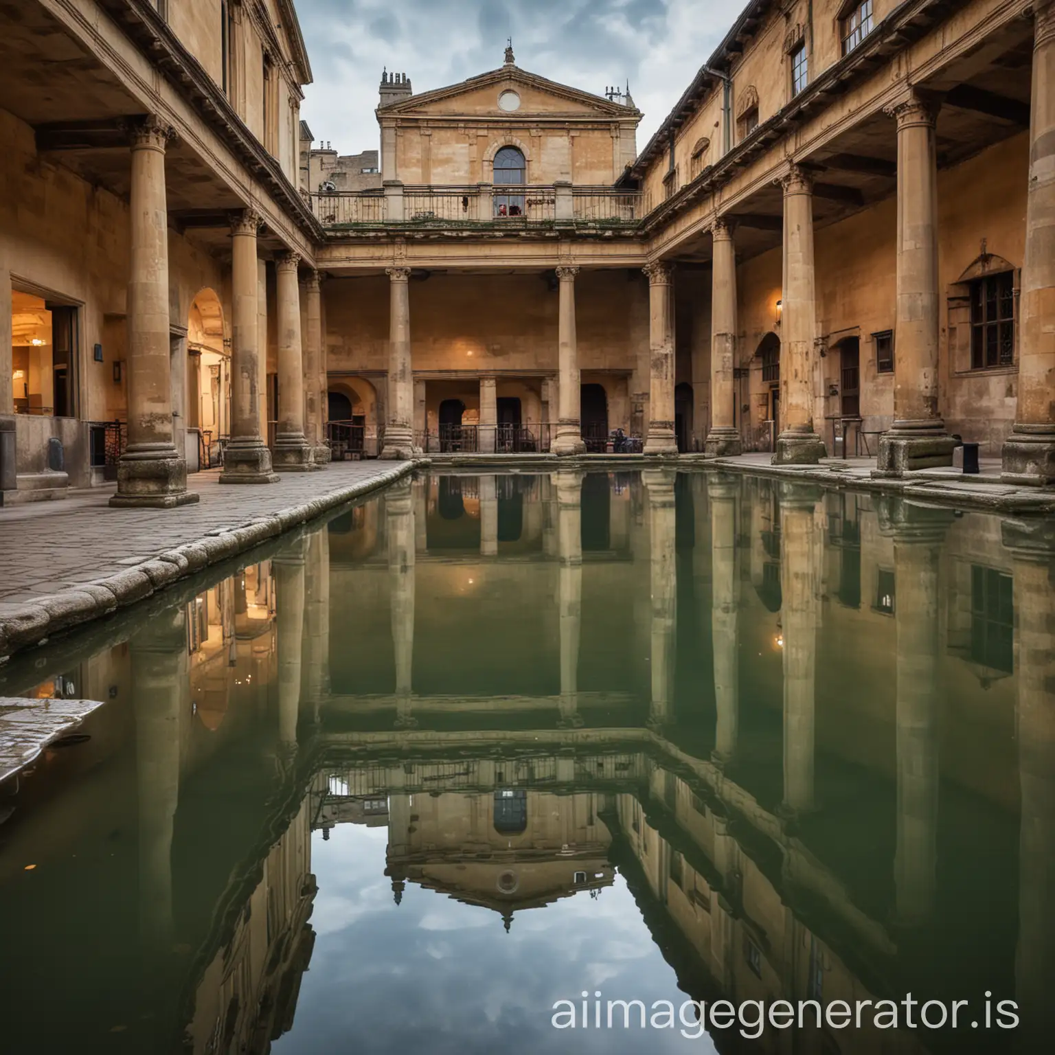 
A serene image of the Roman Baths with the iconic Georgian architecture reflected in the water, showcasing the city's ancient Roman heritage and elegant architectural style.

