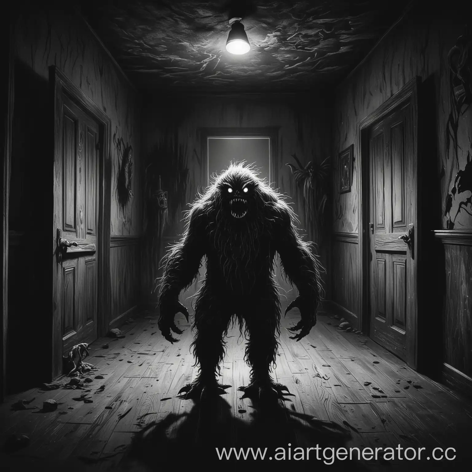 Черно белый цвет фото, стиль рисунок, ночное чудовище на фоне темной комнаты