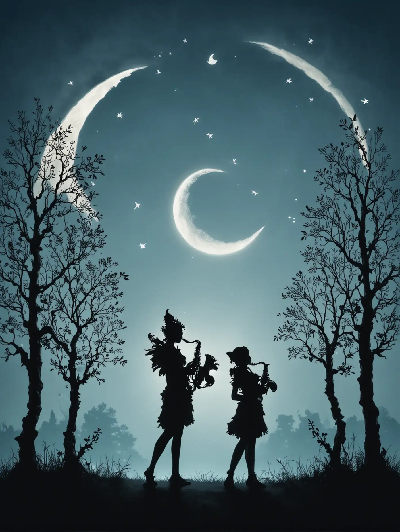 Enchanted Forest Scene with Fairy Playing Saxophone under Moonlight