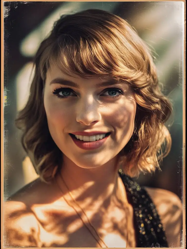 photo of  Taylor swift, looking at the camera, close up of face with lens aberrations, color negative, with sunlight filtering shadows on their faces, in the style of instant film, KodakT-Max 100, color negative film, add noise, grain 