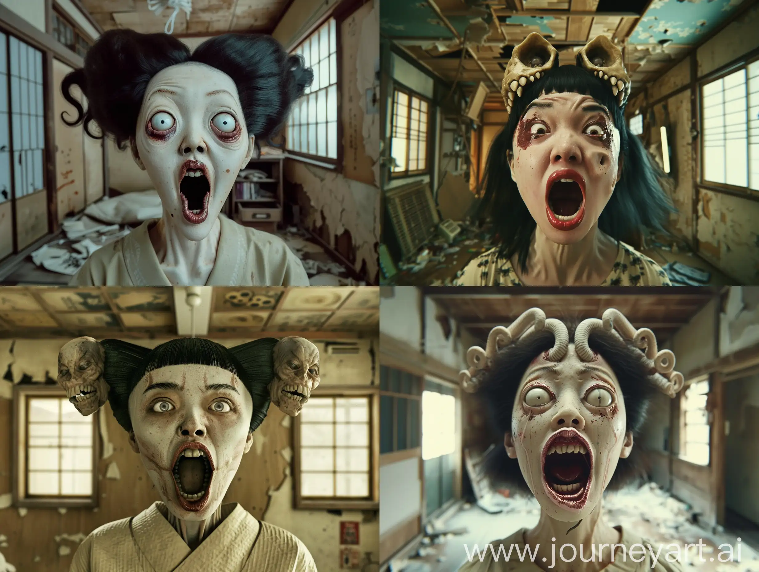 cinematic, realism, Using (((imagination))) to craft a photorealistic representation of an unusual fantasy dream, Cinematic shooting techniques and shooting angles, use wide-angle lens, long-shot, top-shot. Describing yokai ((( Futakuchi-onna, She is characterized by her two mouths, a normal one located on her face and a second one on the back of the head beneath the hair. There, the woman's skull splits apart, forming lips, teeth and a tongue, creating an entirely functional second mouth))) Japan in the 1970s, dim Japanese independent homes, chaos, dilapidation, filth, Amazing, shocking, Mysterious, Contrasty, ivory colors, Memphis, The image should capture every detail of the yokai with UHD 8K clarity, reminiscent of a cinematic scene, vivid and lifelike.