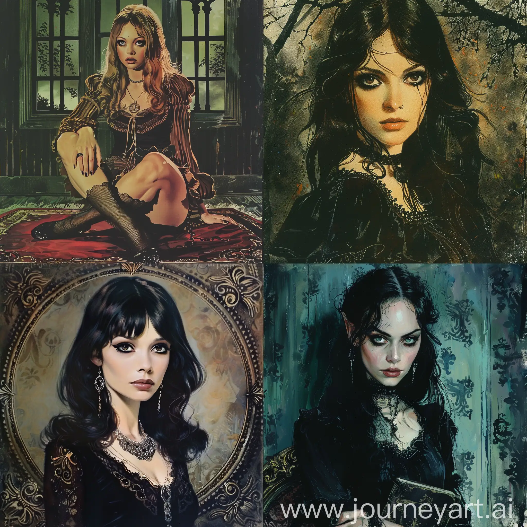 1970s dark fantasy book cover artstyle as a traditional goth girl