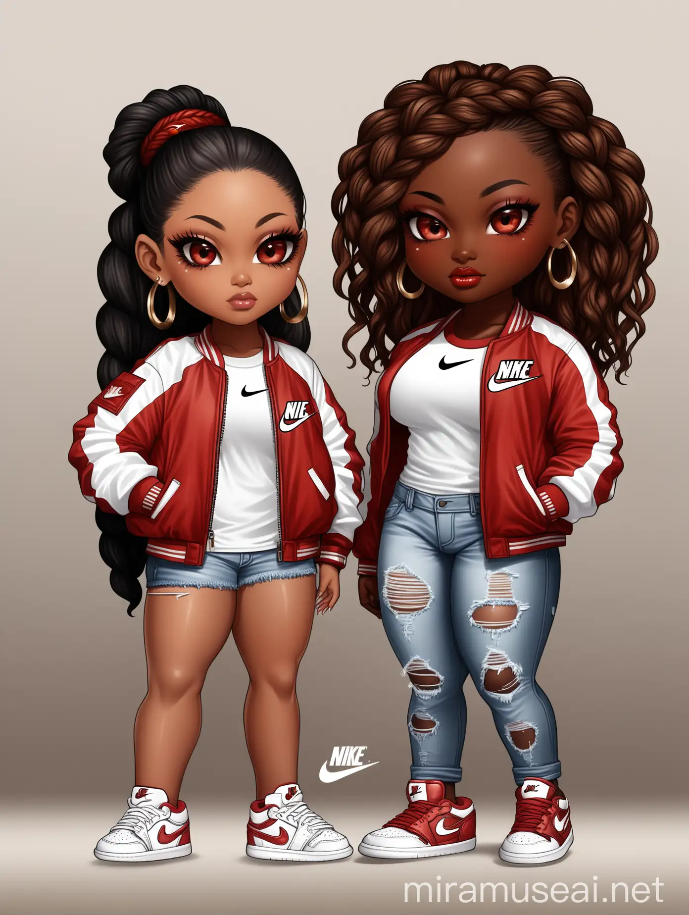 African American , chibi, female, realistic, illustration of a two of beautiful, black woman, showcases their entire bodies with impeccable makeup, chibi style, with caramel colored skin, with styled braided hair, almond eyes, pointy chin, wearing a sporty, crimson red and white bomber jacket, plain white t-shirts, distressed jeans, nike jordan sneakers, jewelry