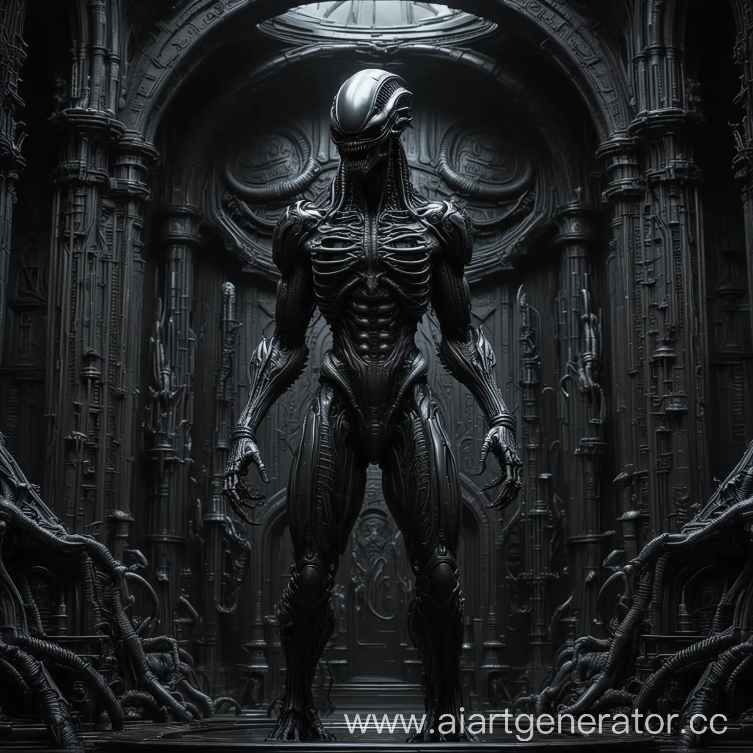 стиль Гигера, чёрная металлическая статуя ксеноморфа-Чужого, биомеханическая архитектура, инфернальный готический собор, неоновая иллюминация, максимальная чёткость изображения