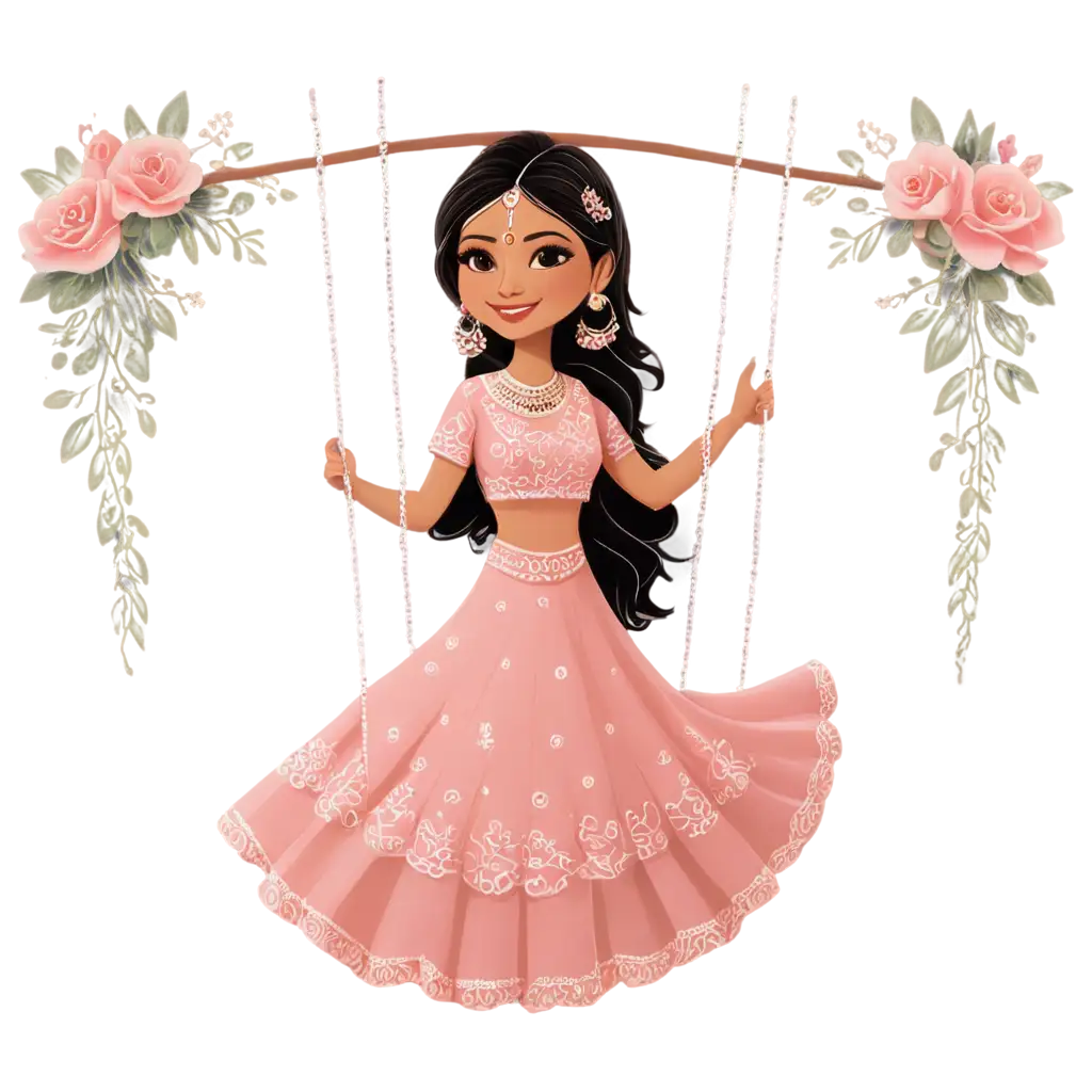 Exquisite-Henna-Cartoon-Bride-on-Swing-PNG-Image-Captivating-Floral-Pink-Lehenga-Art