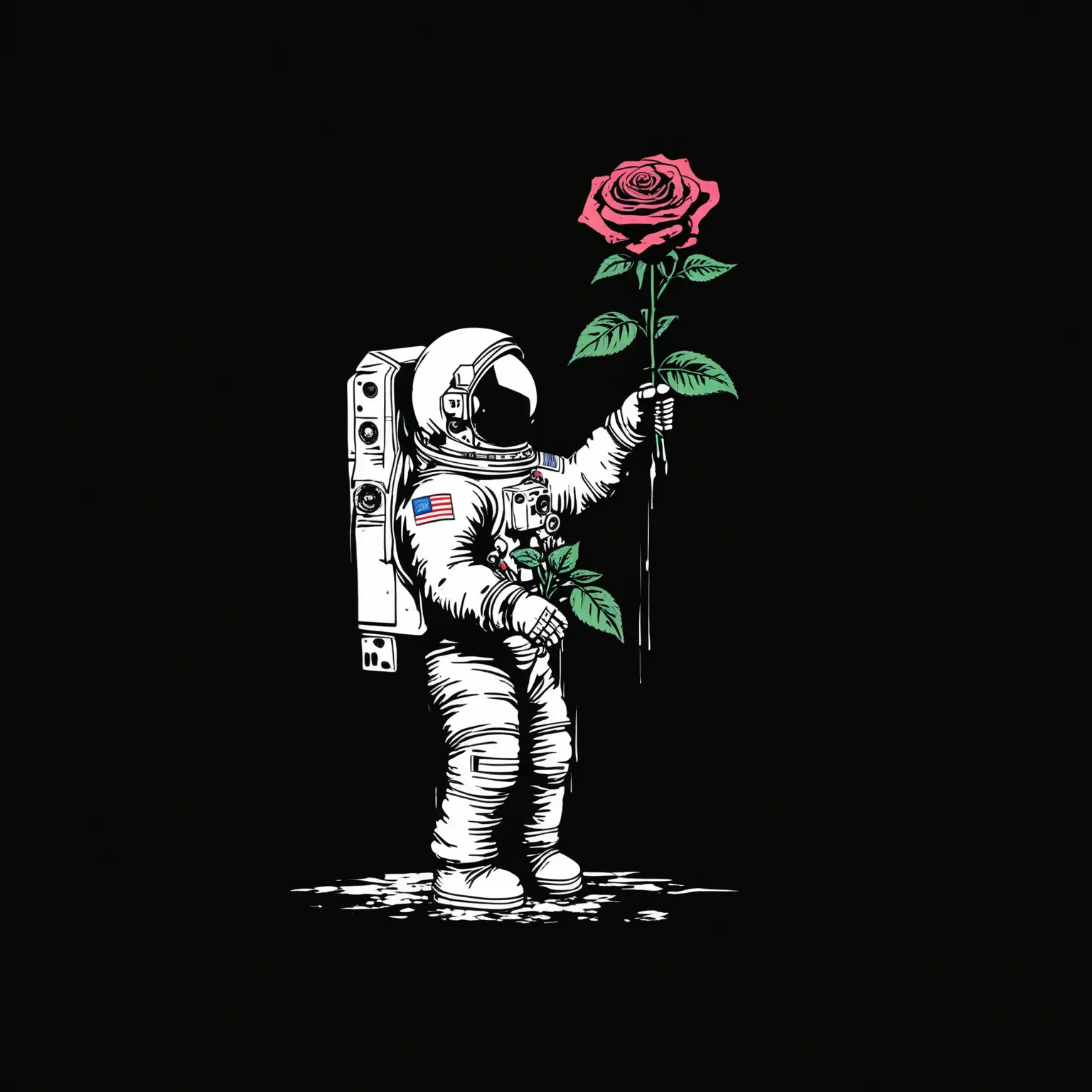 Create a design that is in the style of Banksy street art work. Place it on a flat black background. Include an astronaut holding a rose in the design.