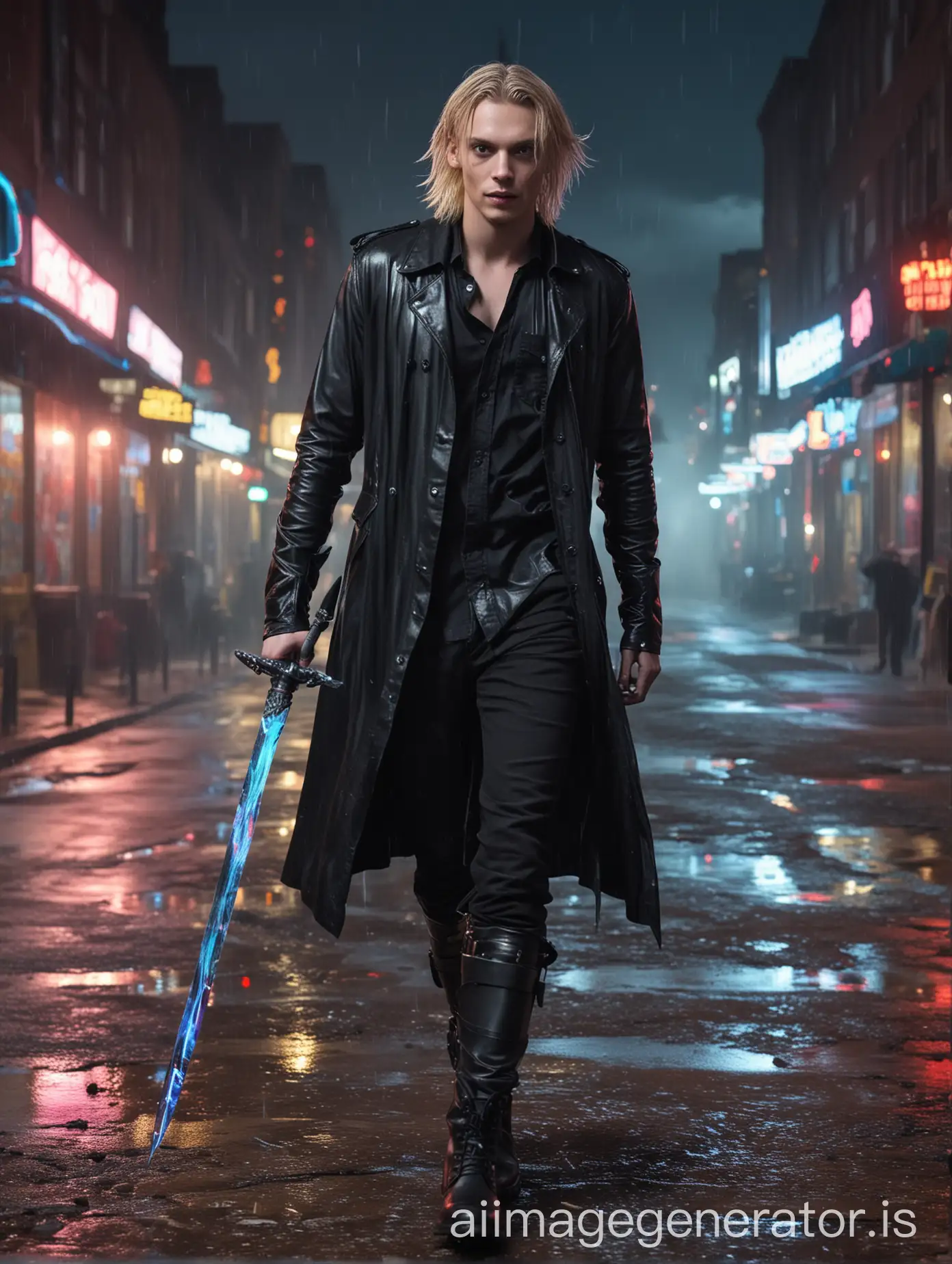 Jamie Campbell Bower face, walking with a curved glowing glass sword in hand, beautiful bright blue eyes, platinum blonde hair, mischievous smiling face, black unbuttoned shirt, toronto city colorful neon nightlights, wearing black army boots, stormy clouds, foggy background, wet brickroad