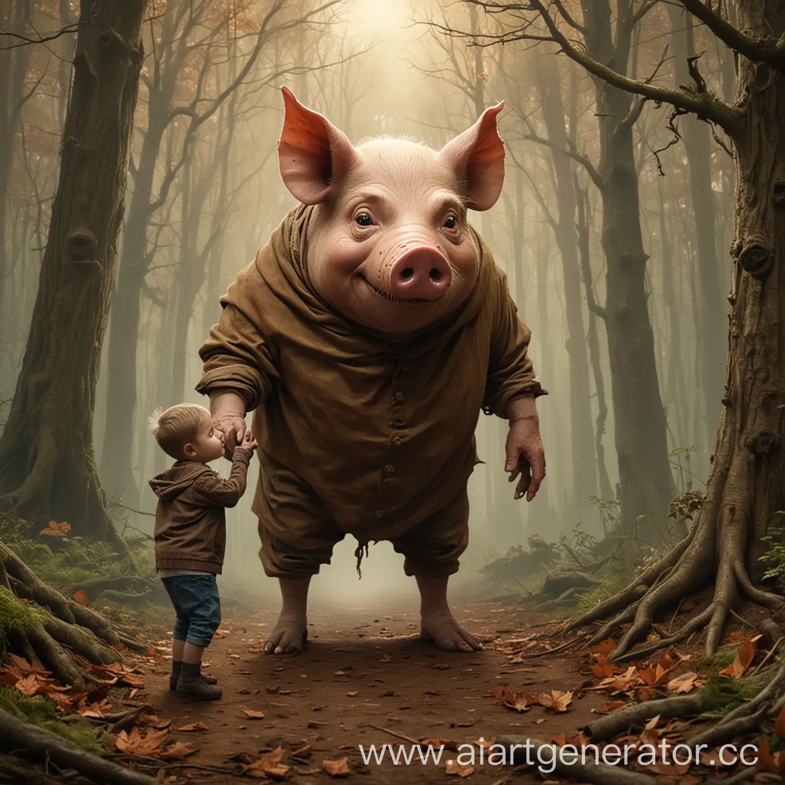 нарисуй жуткий свино человек в коричневой мантии заманивает ребенка в лес