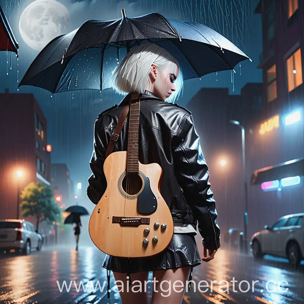 Girl-with-White-Hair-and-Guitar-Under-Umbrella-in-Night-City-Rain