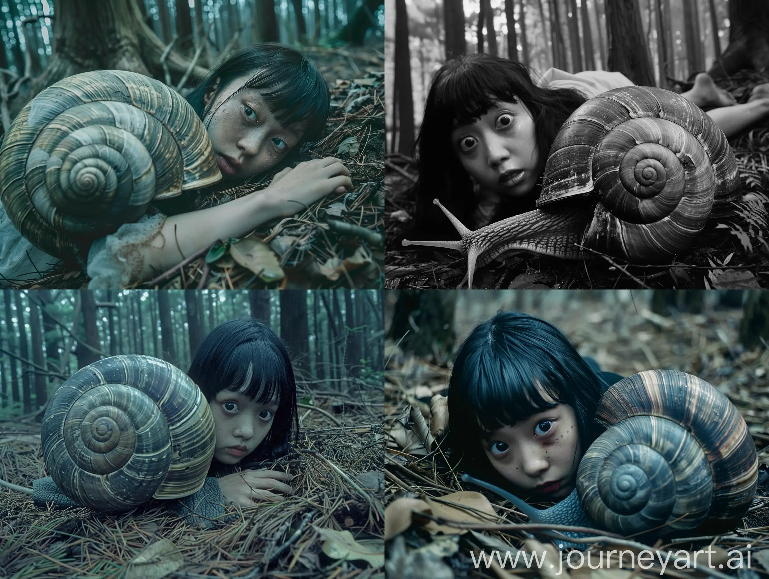 Portrait photo, cinematic, realism, use Medium-angle lens, long-shot, full-shot. Depiction of a yokai ((( The girl hid her body in the snail's shell and stretched her head to look at it curiously ))), Japanese 1960, moist woods, wither, die, unsettling, horror movie