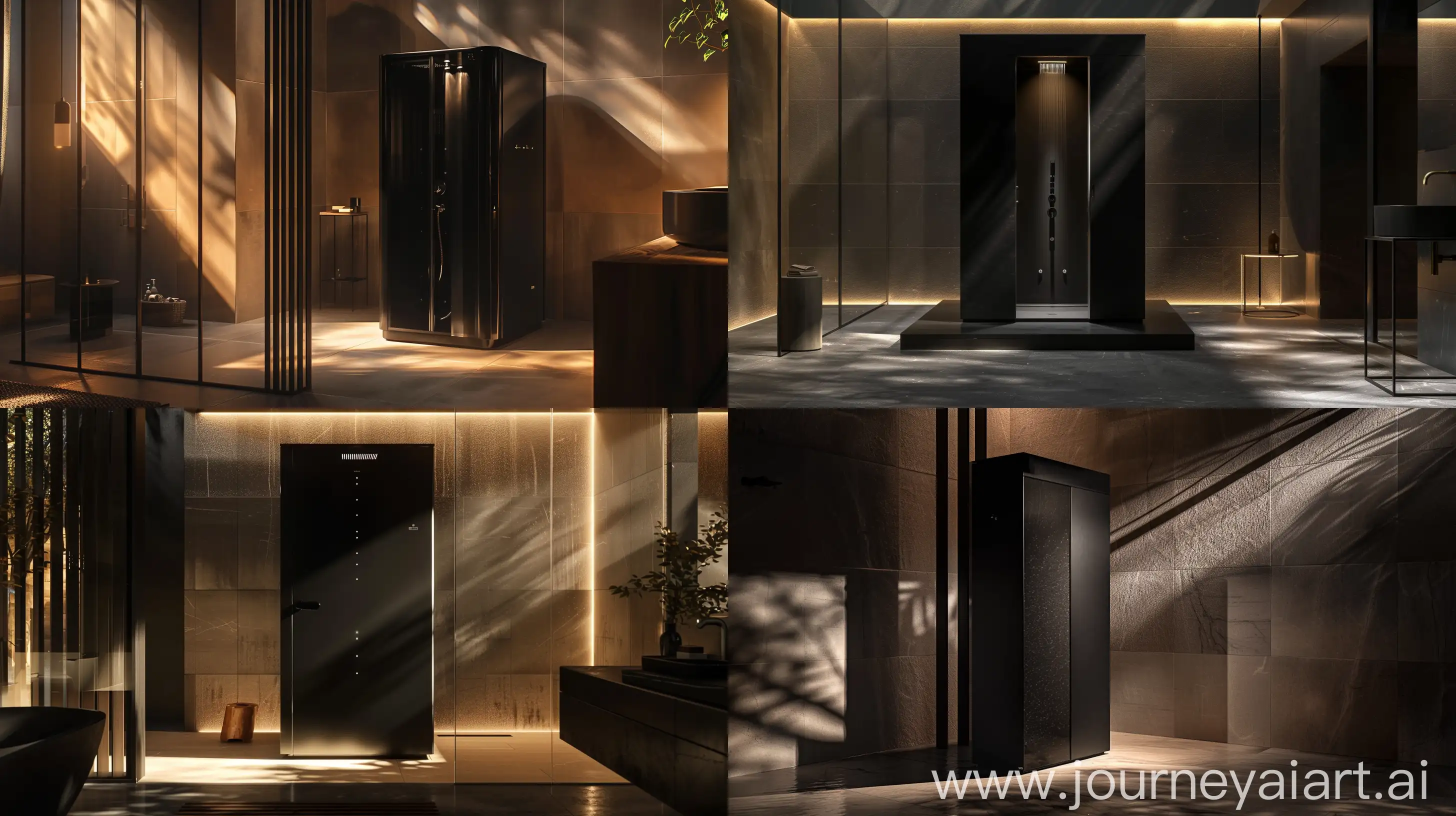 A high-quality photograph capturing the essence of a black shower cabin, symbolizing a revolution in bathroom design. The cabin stands out as a focal point, exuding elegance and sophistication. Its sleek, black exterior contrasts with the surrounding bathroom elements, highlighting its modernity. The lighting is strategically placed to enhance the cabin's features, casting intriguing shadows that add depth to the image. The composition is carefully arranged to showcase the cabin's design intricacies, emphasizing its unique aesthetic appeal. This image embodies the introduction of black shower cabins as a transformative element in bathroom design, blending functionality with contemporary style.  --ar 16:9 