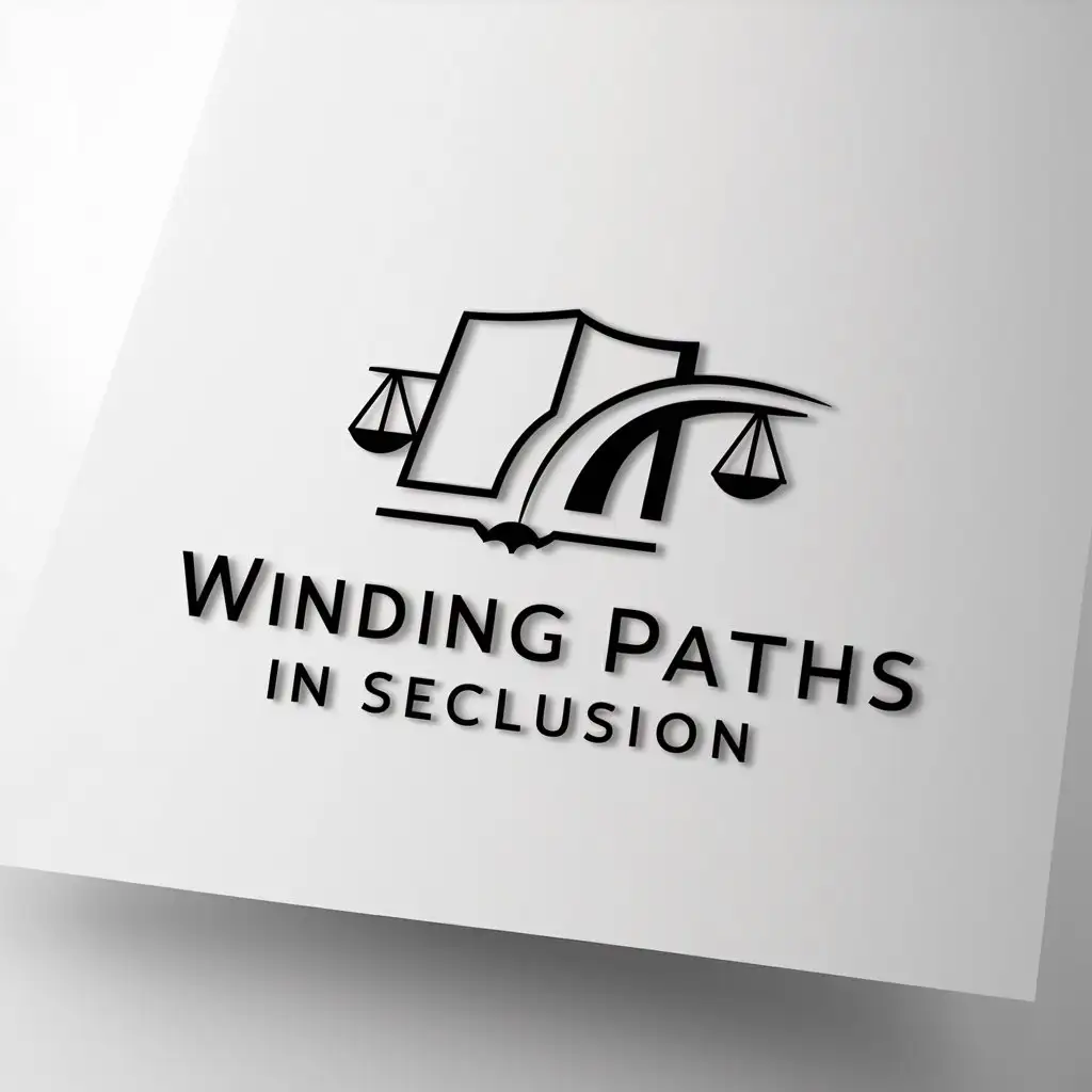 a logo design,with the text "winding paths in seclusion", main symbol:book, balance, curved road,Minimalistic,be used in Legal industry,clear background
