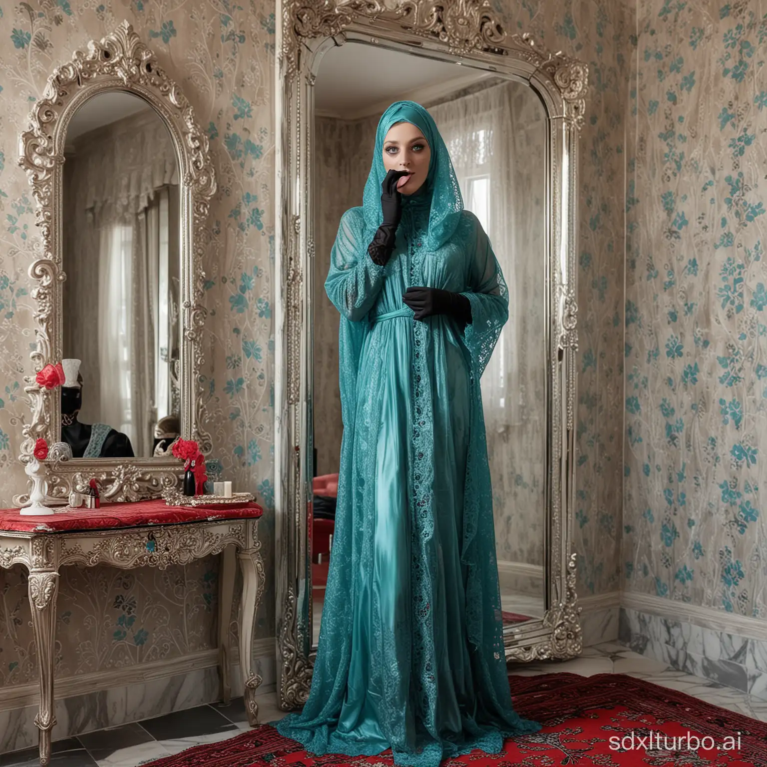 feminized man, sissy standing, small chest, Personality erased and encased in a long fully turquoise burka, blue eyes, mask over mouth, transparent lace veil mask over eyes, high-heeled shoes. Black gloves. Luxury bedroom, marble wall, with red satin bed. Mirror in the background.