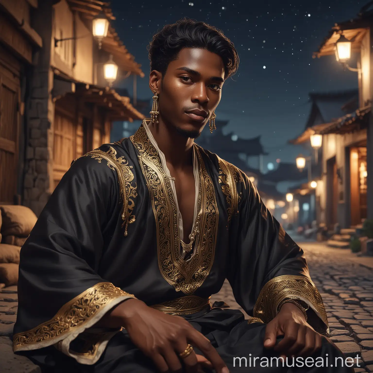 Handsome Prince in Royal Traditional Attire Laying on Village Street at Night