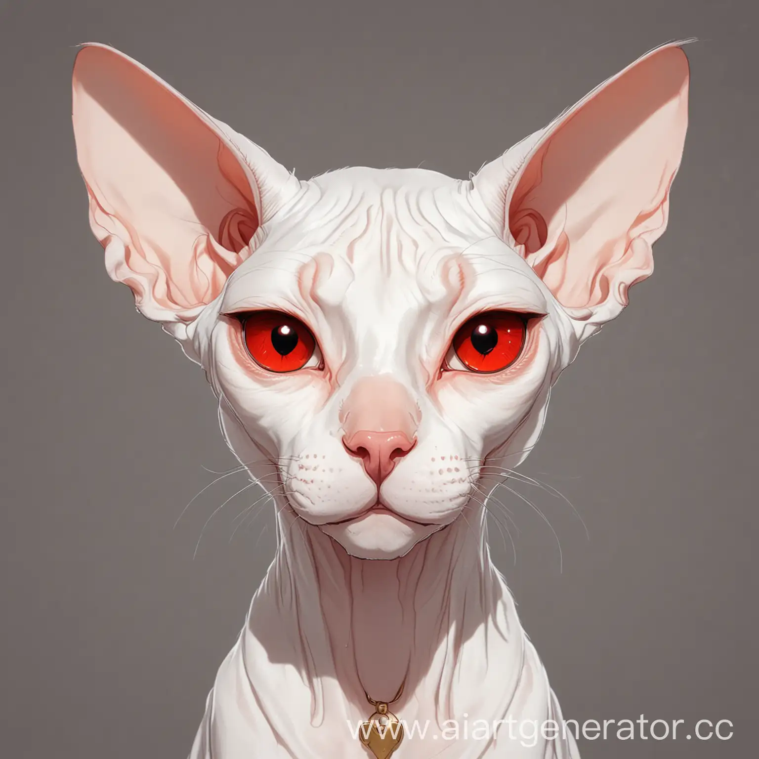 Белую кошку сфинкса с красными глазами, без усов рисованный в аниме стиле
