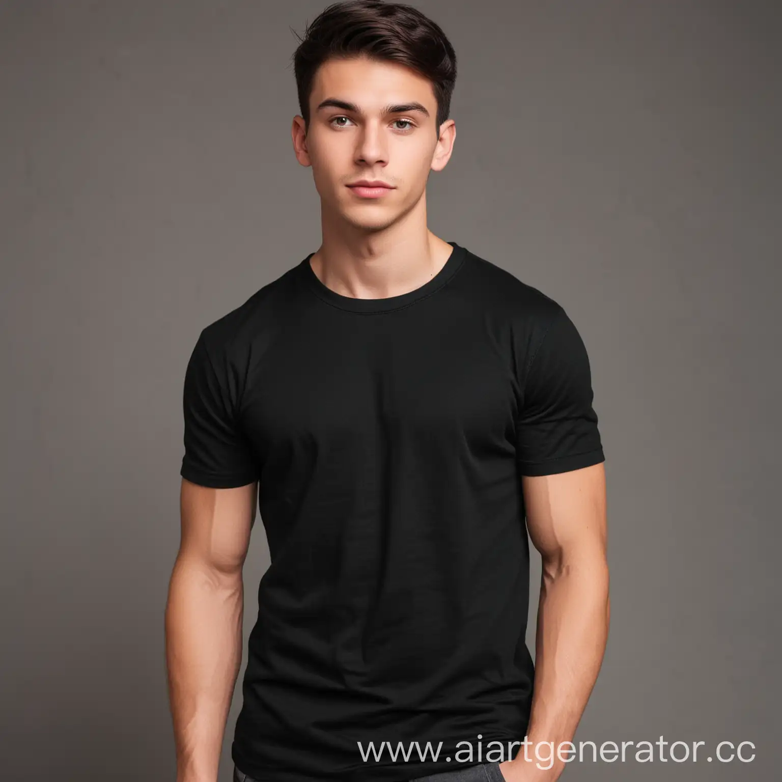 молодой парень спортивного телосложения с темными волосами в черной однотонной хлопковой футболке, размер 3:4