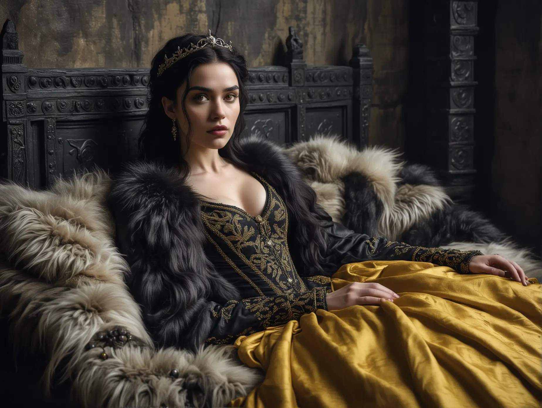 Game of thrones universe, a young woman, pale with thick black hair, with white skin and dark eyes, high cheekbones and plump lips, wearing black and yellow medieval gown with gems and jewels, lying on a fur covered day bed in a dark grey stone chamber, dark medieval setting