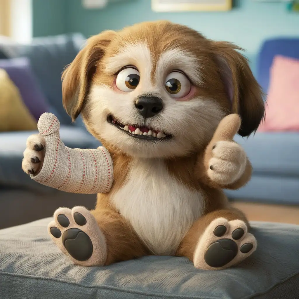 Cheerful Puppy Person with Arm Cast Giving Thumbs Up