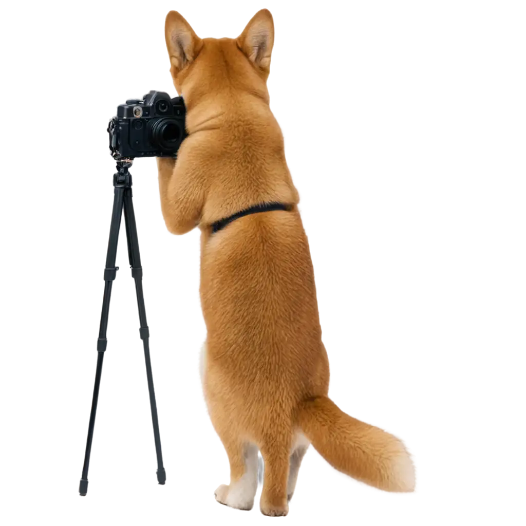 Backview of a shiba inu dog standing and holding a camera