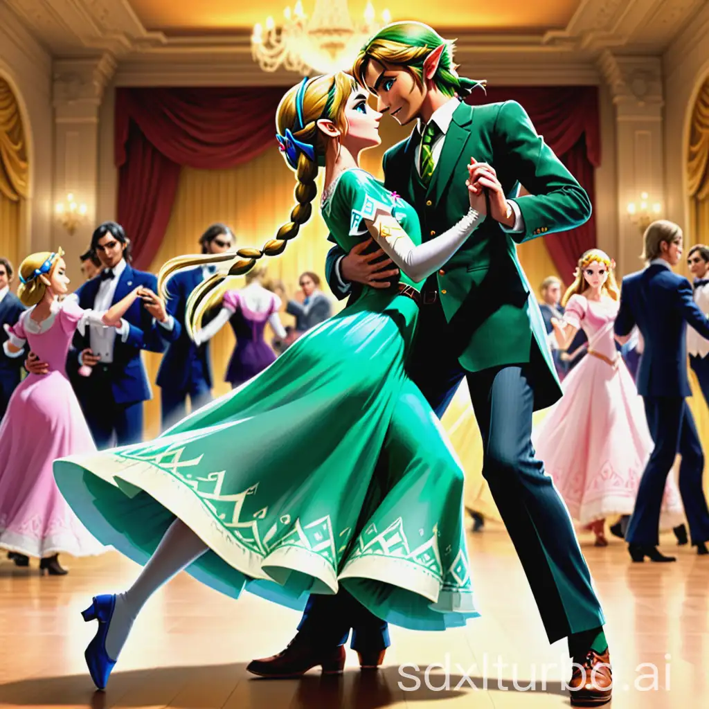 Artwork of Link, the video game character, in a suit while waltzing in the ballroom with Zelda in a standard dance hold