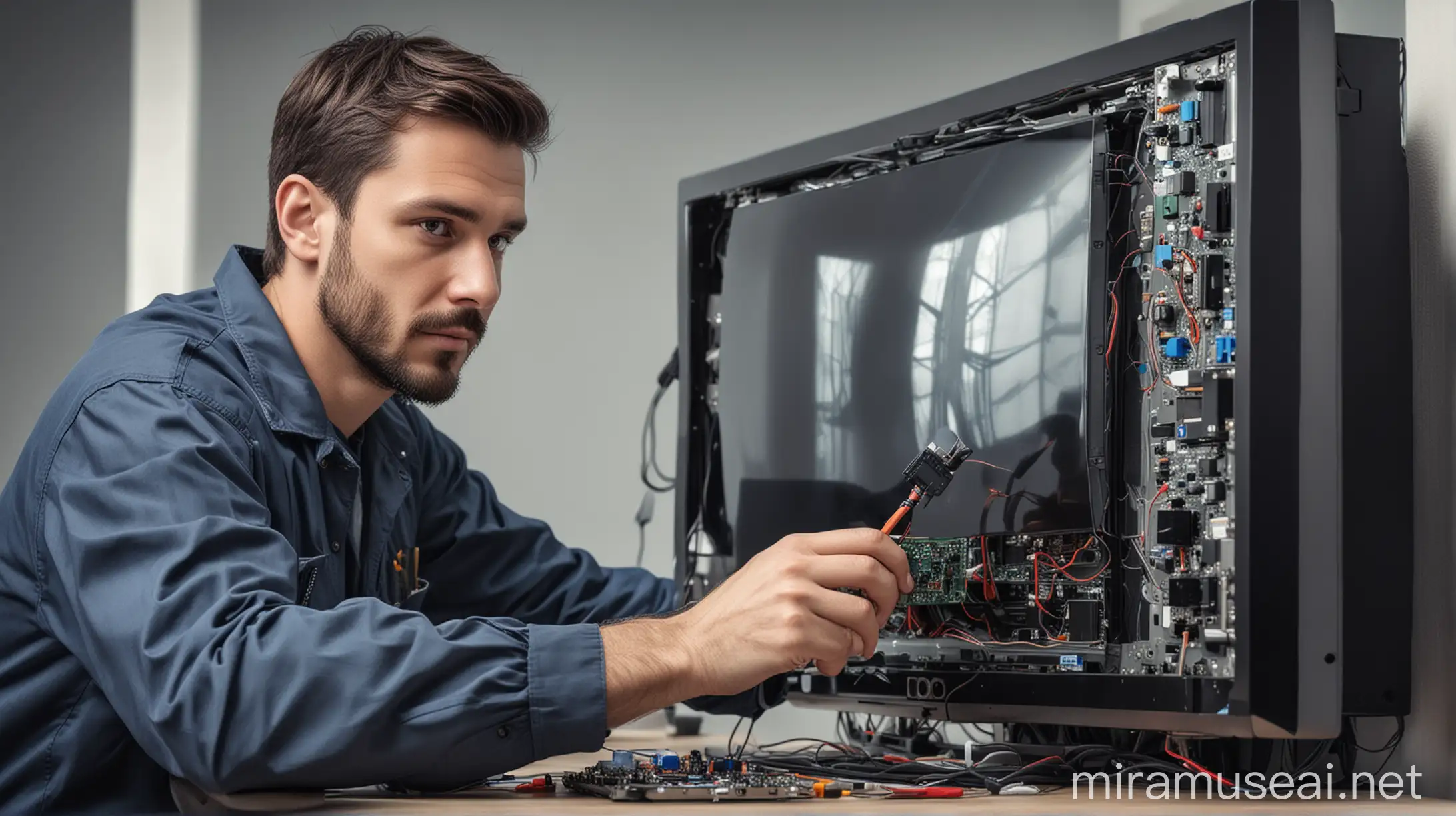 I want a banner image for an electronics company where a TV mechanic is repairing a smart LCD tv looking at it