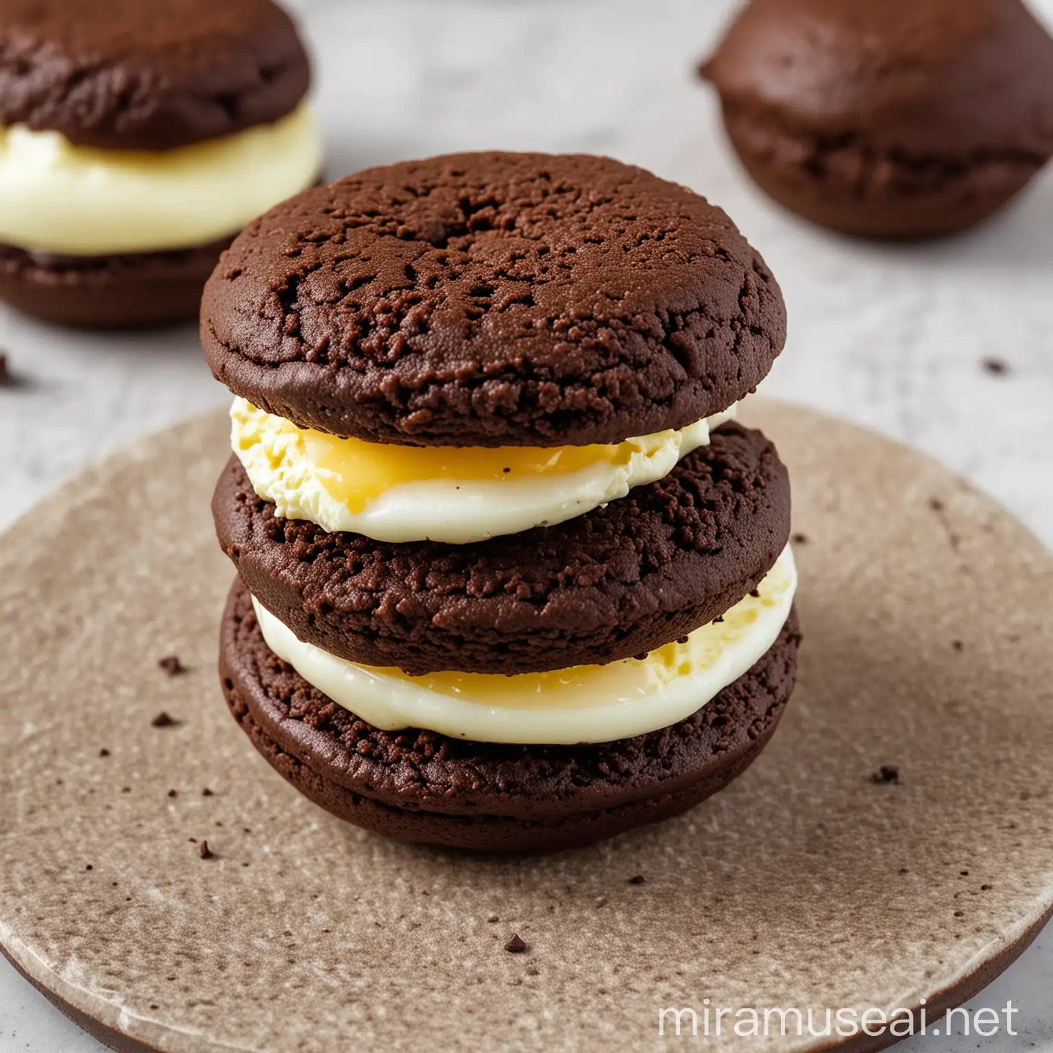 A sandwich of two eggs between a chocolate whoopee pie