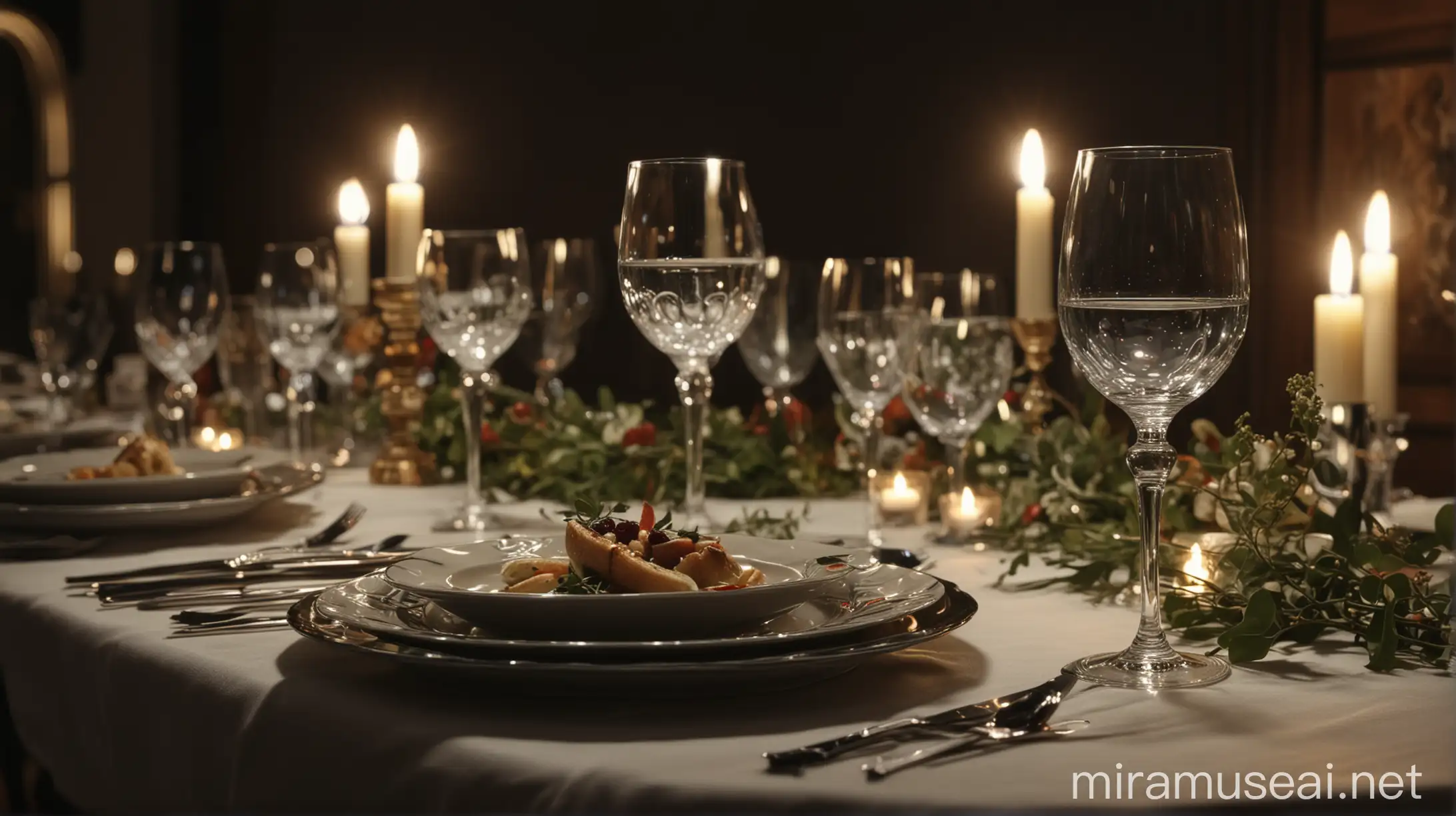 Elegant Dinner Table Setting CloseUp View in Dim Evening Light