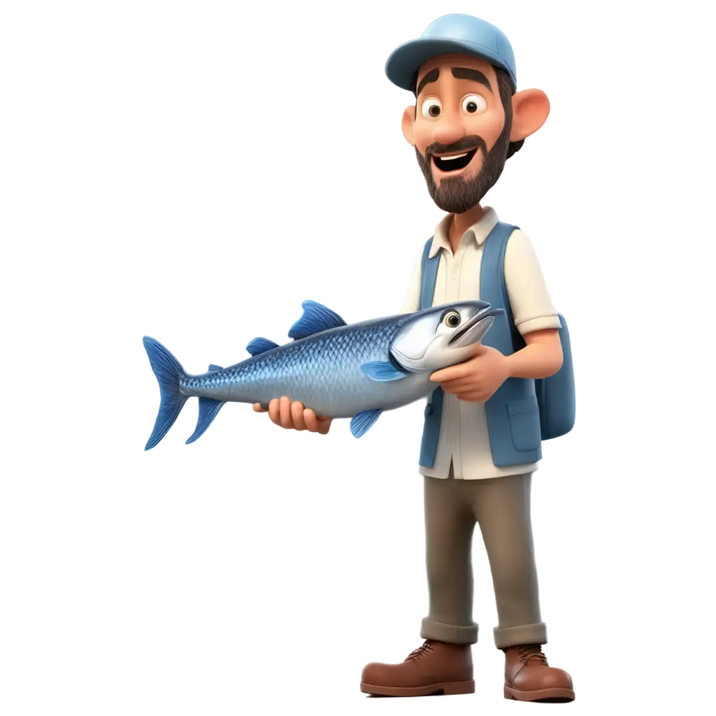 cartoon fisherman holiding a big fish 3D