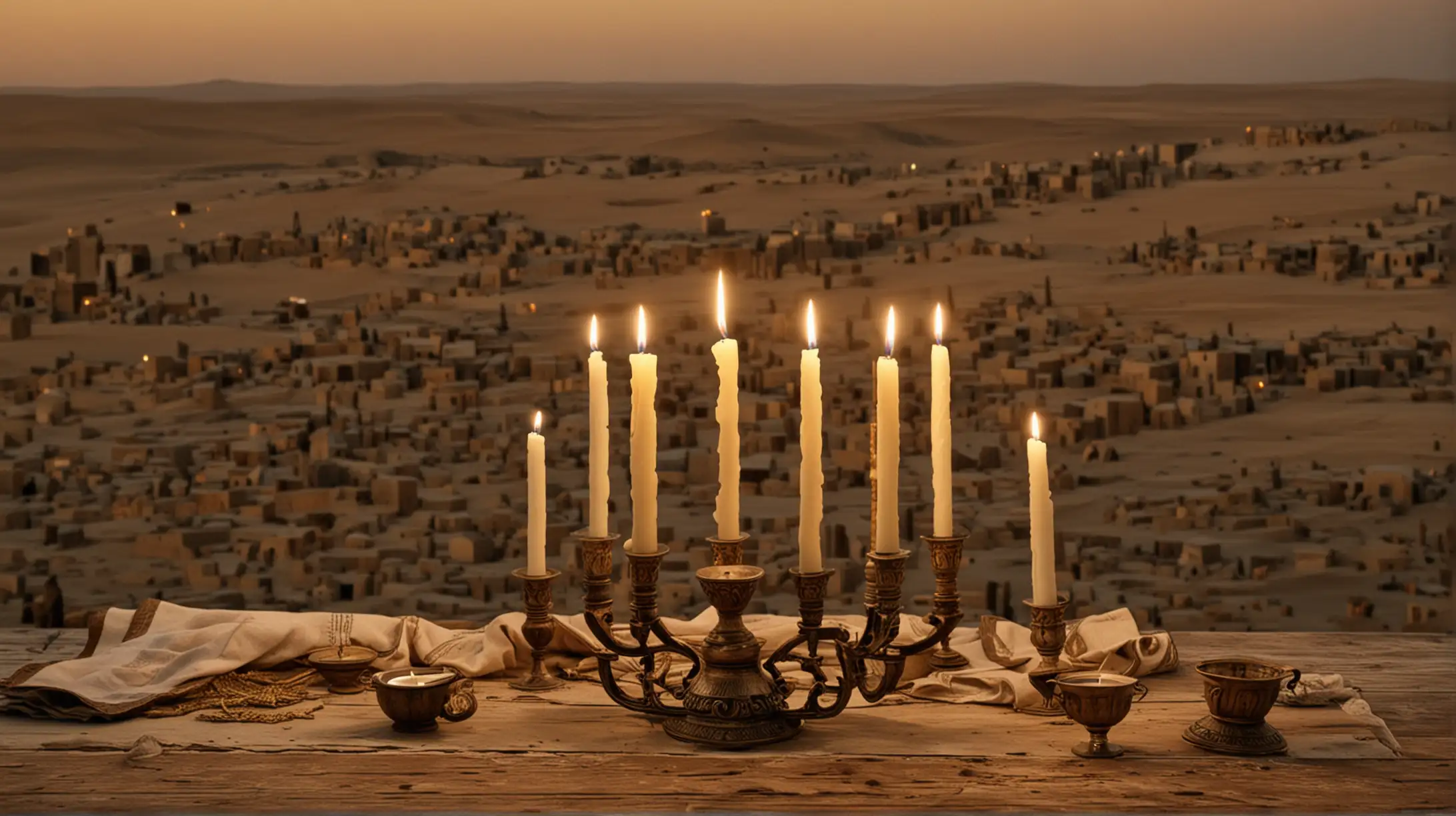 The 7 candle menora, sitting on a decorative wooden table,  with the 7 candles lit. The setting should be a desert location, with a tent and some people in the background. The sky should be magnicient. Set during the era of the Biblical Moses.