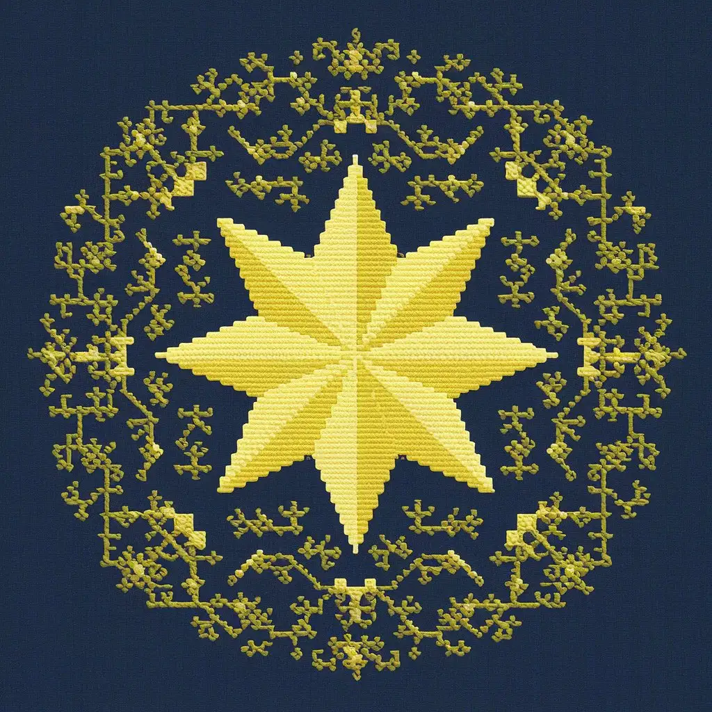 simple flat 2d cross stitch of yellow eight-pointed star with victorian floral motifs, on dark blue background
