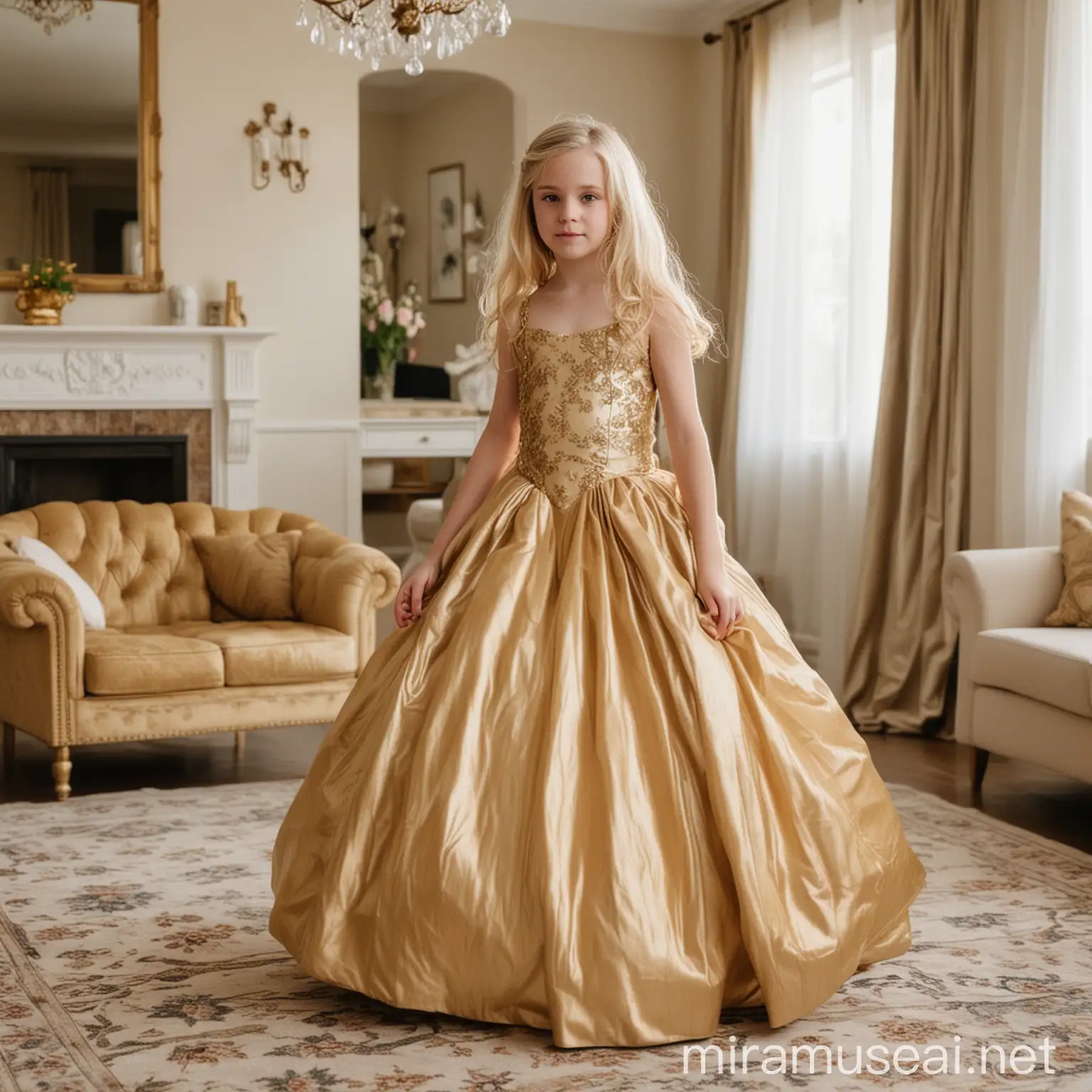 10 year old blonde girl in golden ball grown standing in living room