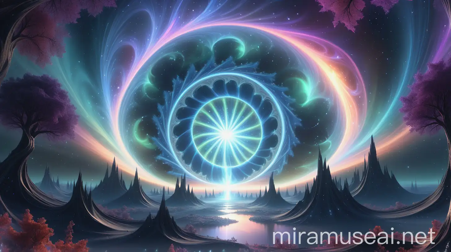 Ethereal Time Portal Connecting Multiverses with Mythical Creatures and Celestial Auroras