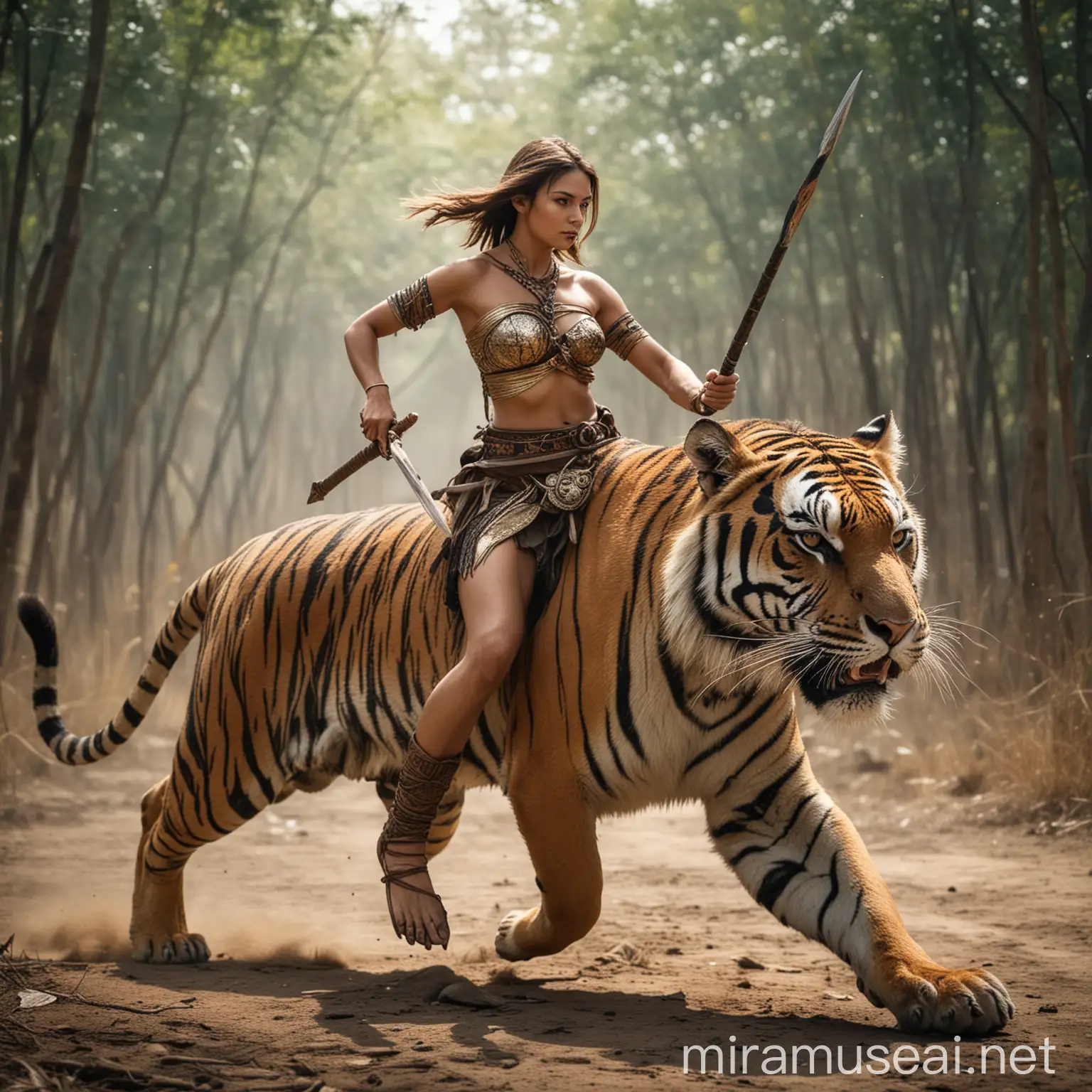 Elegant Women Riding Tiger with Spear Bold and Adventurous Women in Action