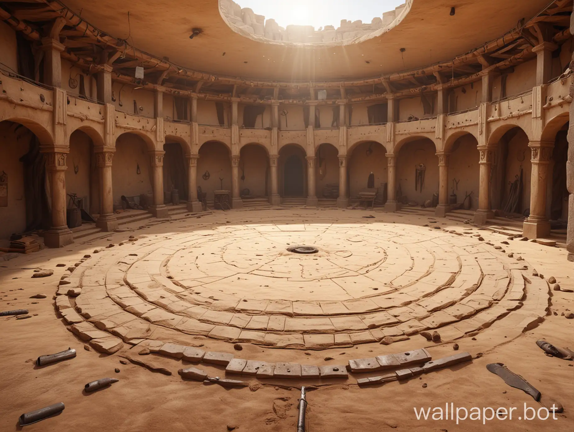 inside of a circular medieval Desert fighting arena,  camera on  ground level, flat ground in front, bright and realistic