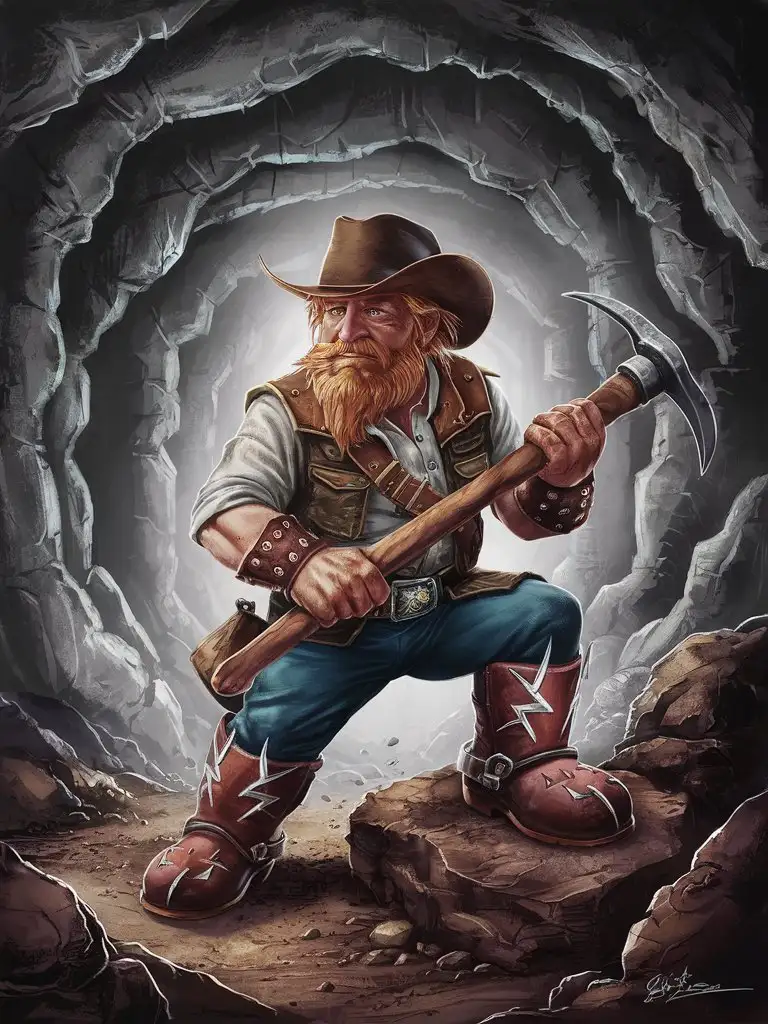 dwarf prospector clint eastwood cowboy outlaw cool outfit goblin enginering boots adorned with thunder bolt deep mine rock ore