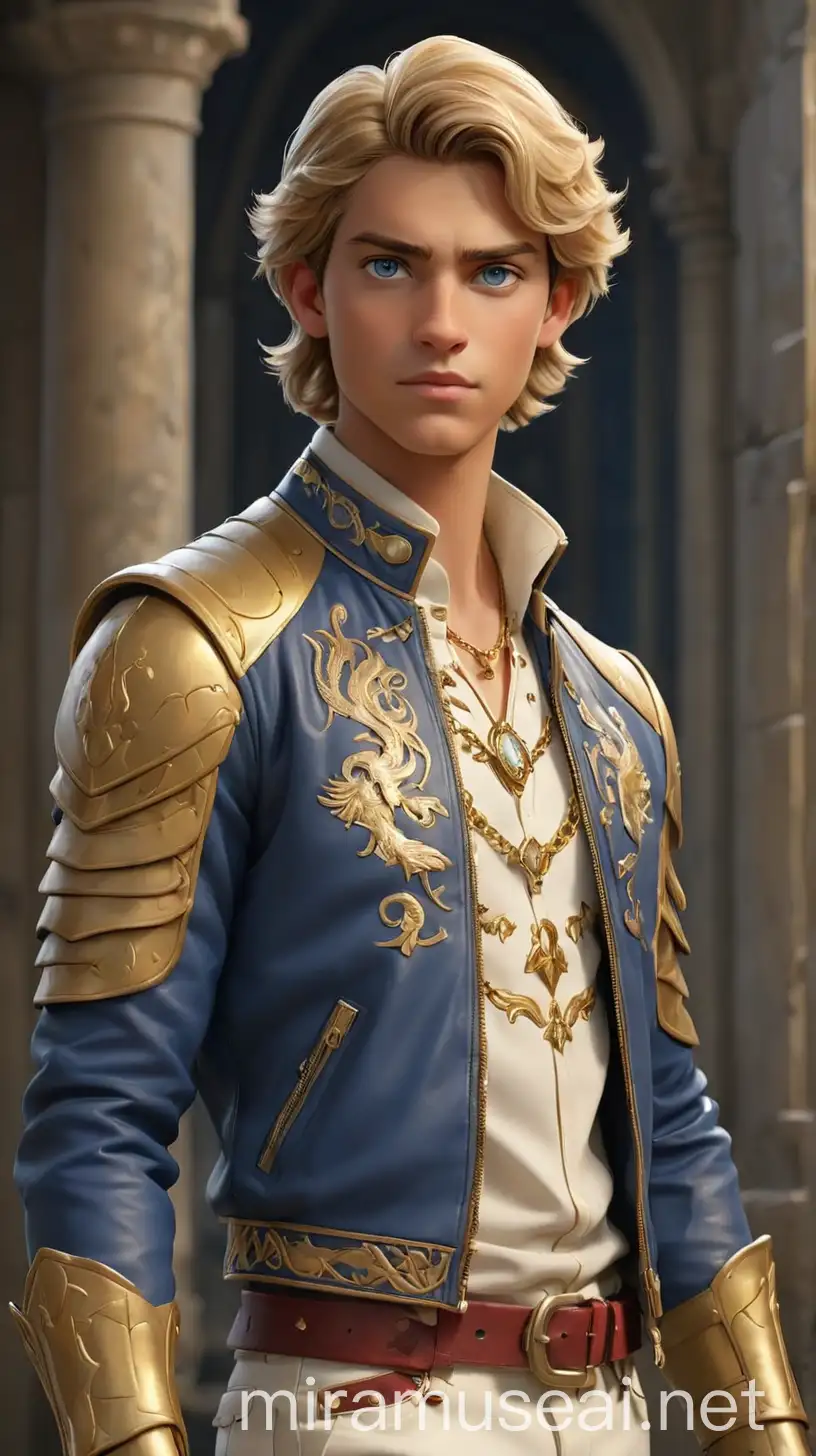Meet Armando Pendragon, the teenage son of King Arthur, who seamlessly blends his father's legacy with a modern twist perfect for Disney's Descendants. Combining the valor of a knight with contemporary fashion, Armando mixes 2020s modern knight and preppy warrior aesthetics with cyber Y2K, hypebeast elements, princecore, and light academia vibes. With a lean, athletic build, he sports thick, wavy dirty blonde hair styled casually yet sophisticatedly, captivating royal blue eyes, and warm ivory skin with a sun-kissed hue. Armando's outfit features a fitted crimson red leather jacket with sleek, futuristic lines and silver zippers, adorned with intricate gold embroidery resembling knightly armor. Underneath, he wears an ivory, high-collared shirt made of breathable, high-tech fabric with subtle royal blue accents. His slim-fit ivory cargo jeans are both stylish and functional, with discreet gold stitching along the sides. His high-top combat boots, in royal blue and ivory with gold detailing, perfectly embody the hypebeast aesthetic. He accessorizes with a gold chain necklace featuring a small dragon pendant, symbolizing his Pendragon heritage, and a silver cuff bracelet engraved with ancient runes and symbols of strength and wisdom. On his left wrist, he sports a high-tech watch with a sleek ivory leather band and a digital display, adding a contemporary touch to his look. Armando’s style is a harmonious blend of tradition and modernity, making him both commanding and approachable. Armando Pendragon stands out in the world of Descendants with his unique blend of royal heritage and modern fashion. Whether attending classes at Auradon Prep or engaging in a friendly duel, his presence is always striking, embodying the timeless valor of a knight with the fresh flair of a contemporary prince. 