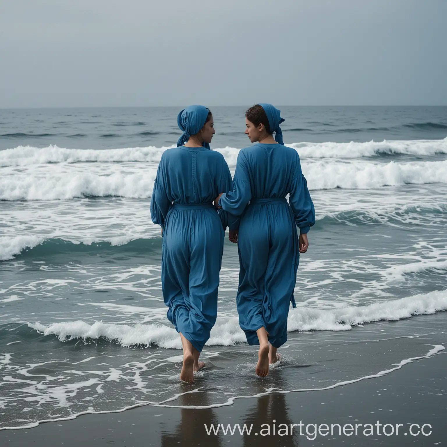 Blue-Women-Walking-on-Blue-Sea
